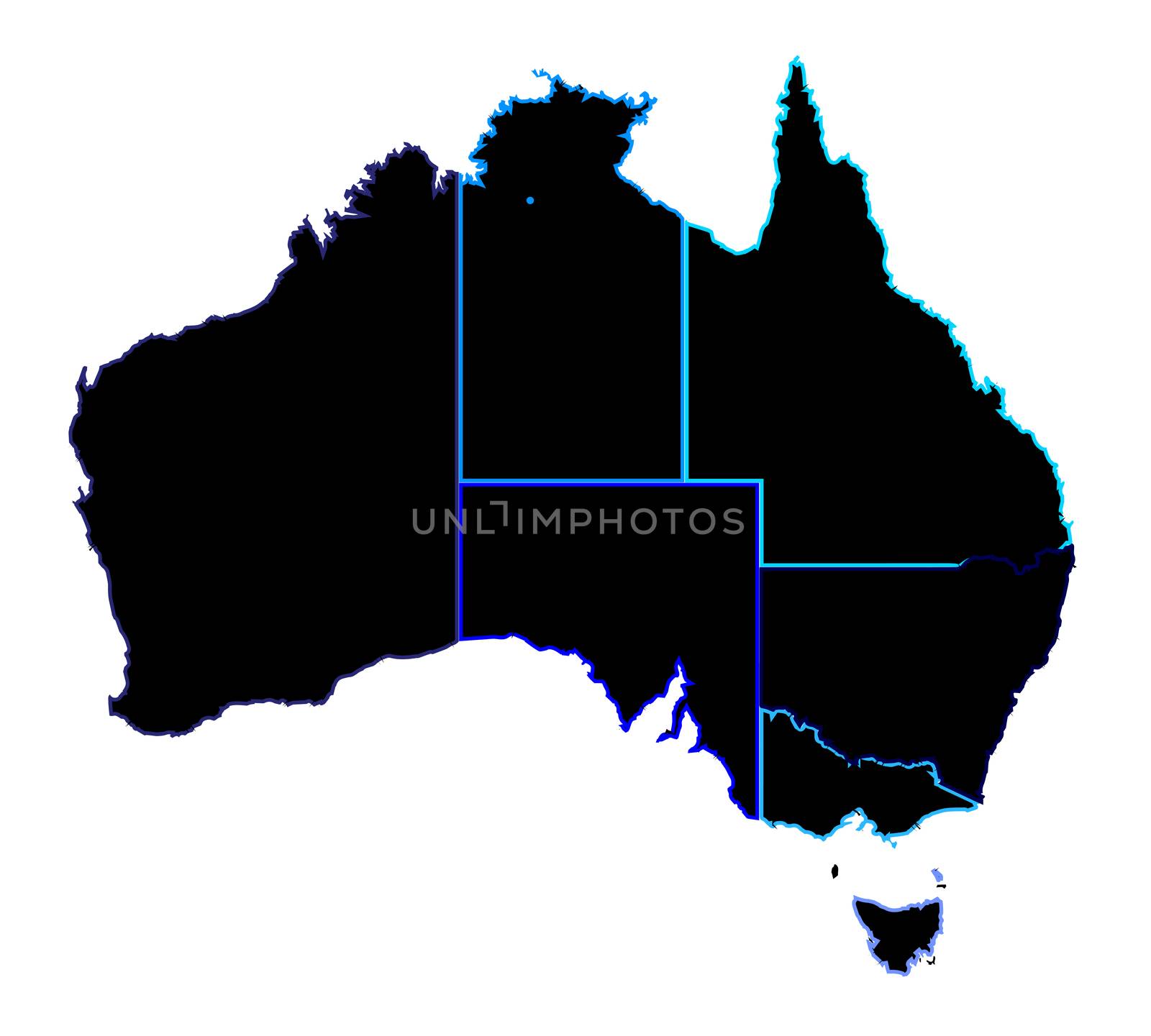 Silhouette map of the Australian states over a white background
