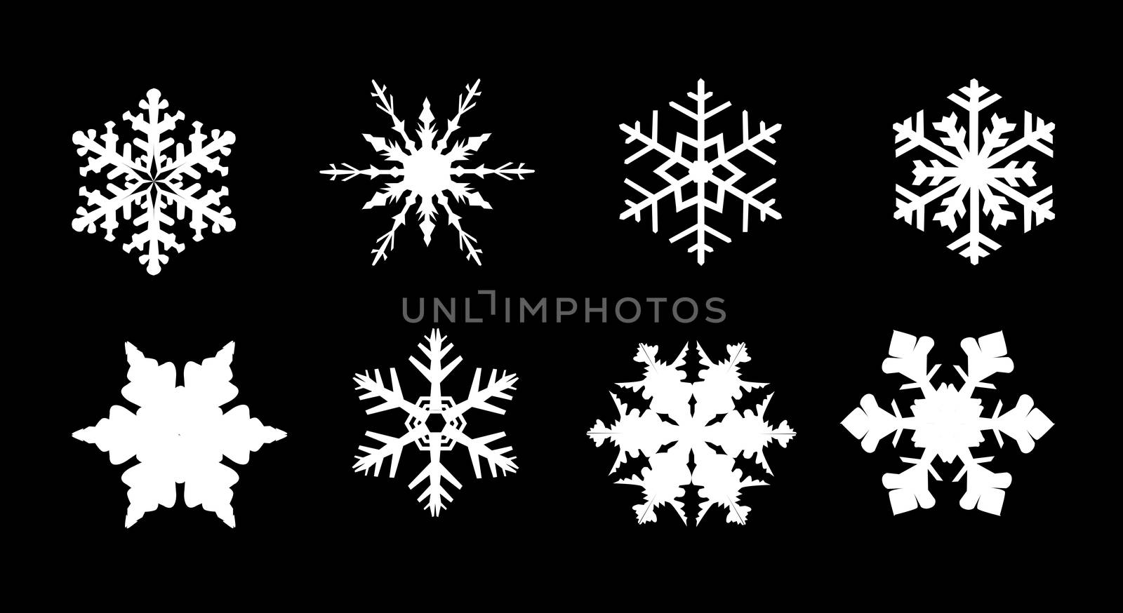 A collection of 8 different snowflakes isolated on a white background