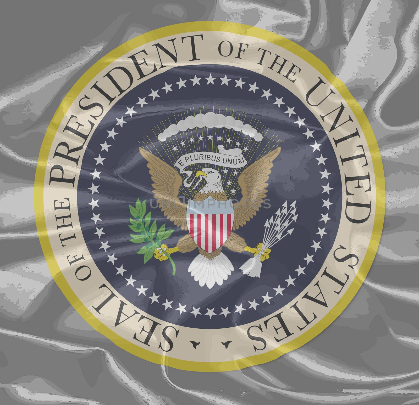 A depiction of the seal of the president of the United States of America on a silk background