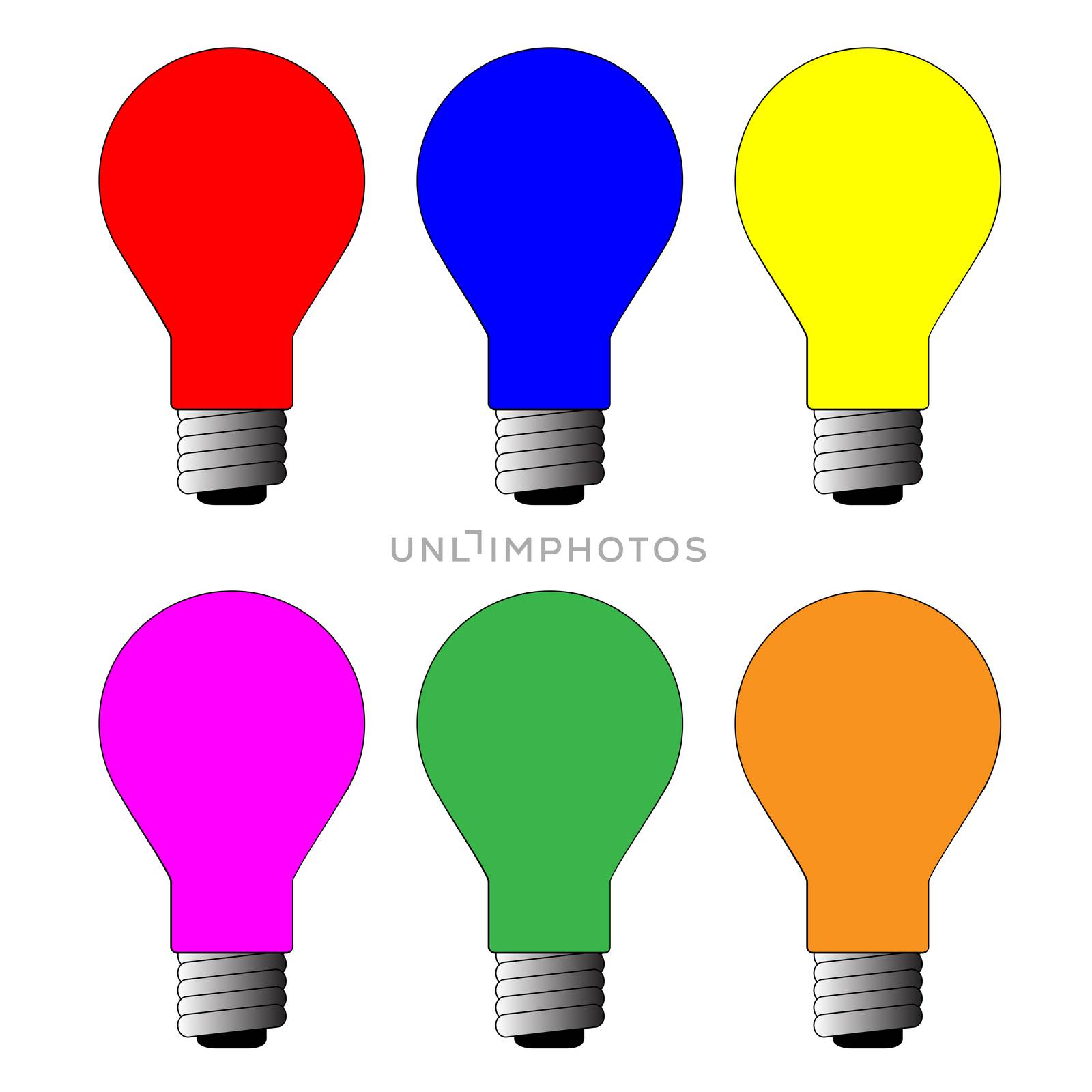 A collection of six coloured lightbulbs over a white background