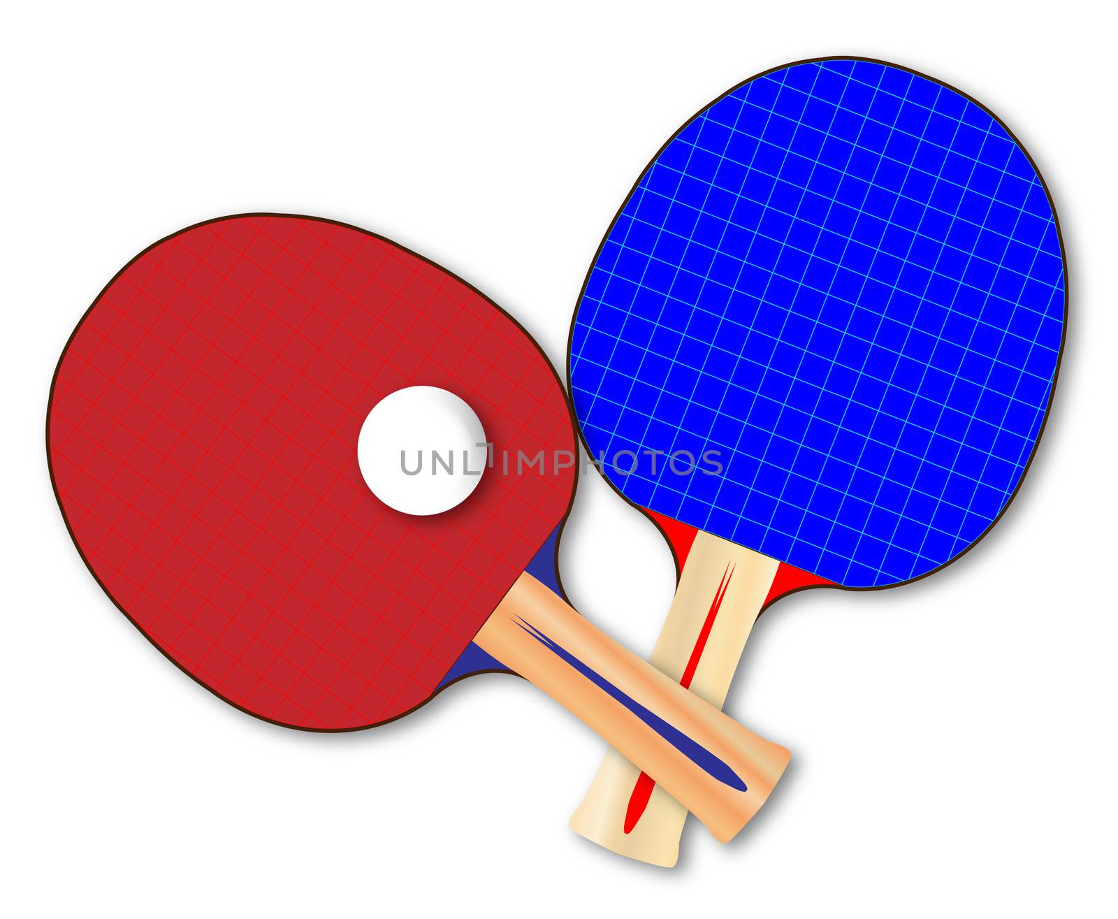 Two table tennis bats or rackets and ball over a white background