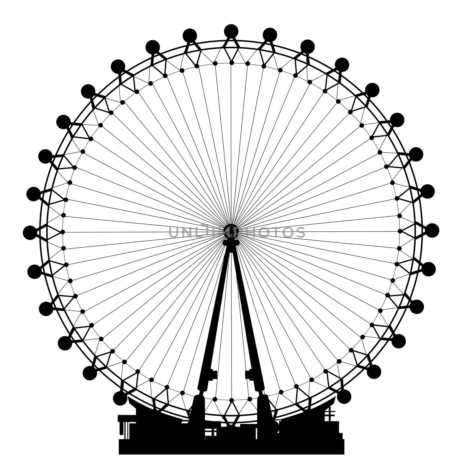 The London Eye big wheel in silhouette against a white background.