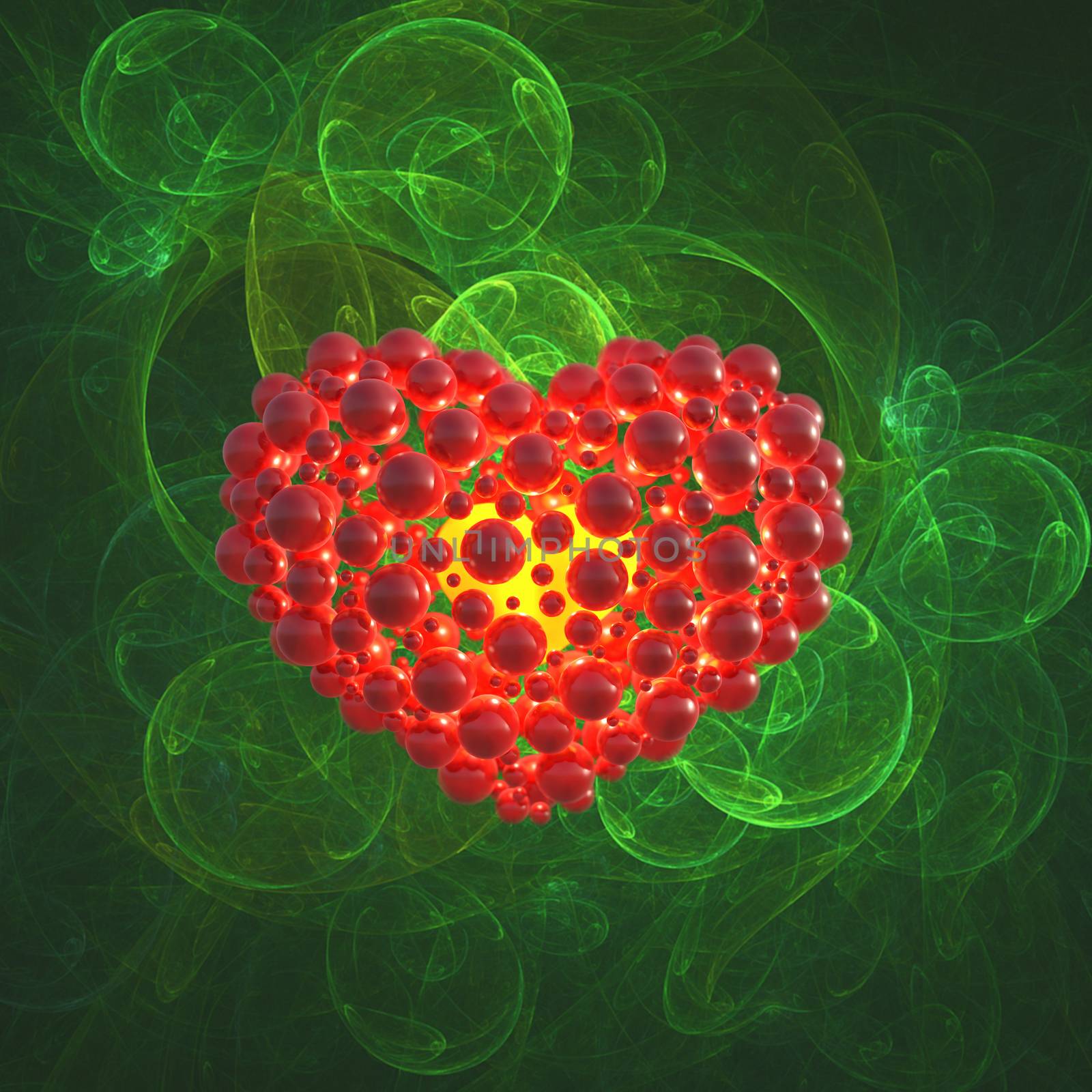 Red heart made of spheres with reflections isolated on green space background. Happy valentines day 3d illustration.