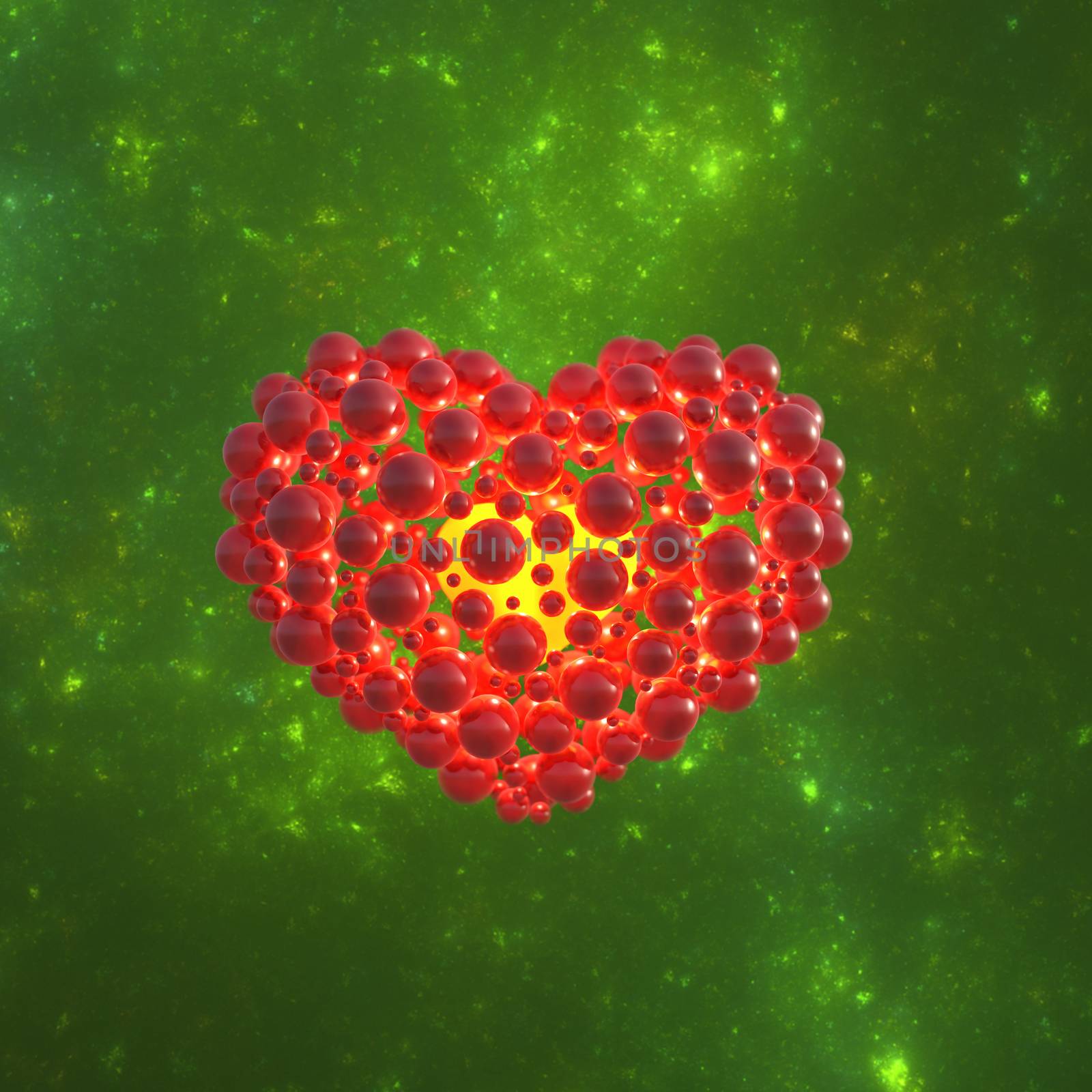 Red heart made of spheres with reflections isolated on green space background. Happy valentines day 3d illustration by skrotov