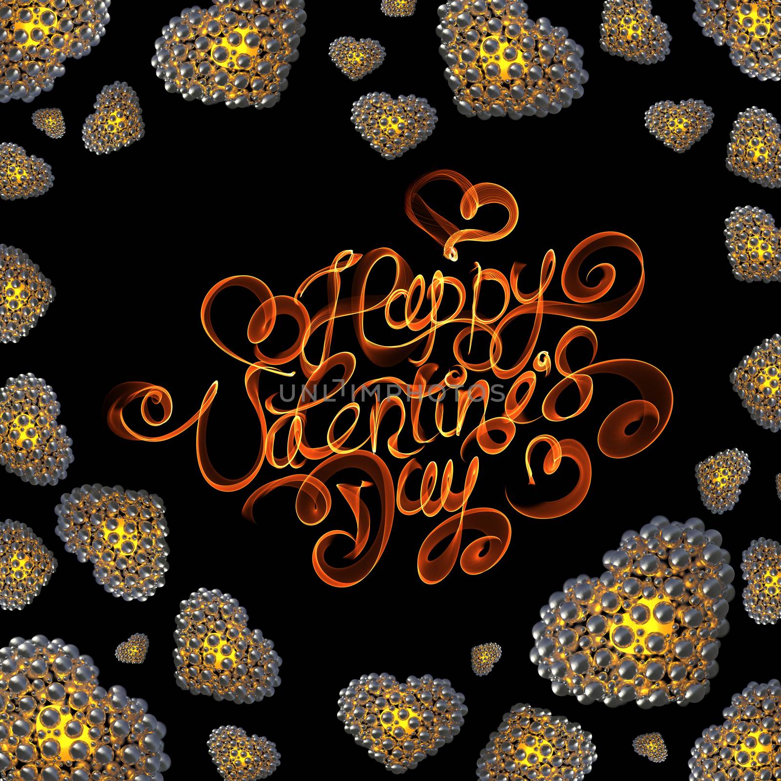 metal Gold hearts made of spheres isolated on black background. Happy valentines day lettering written by fire of smoke. 3d illustration by skrotov