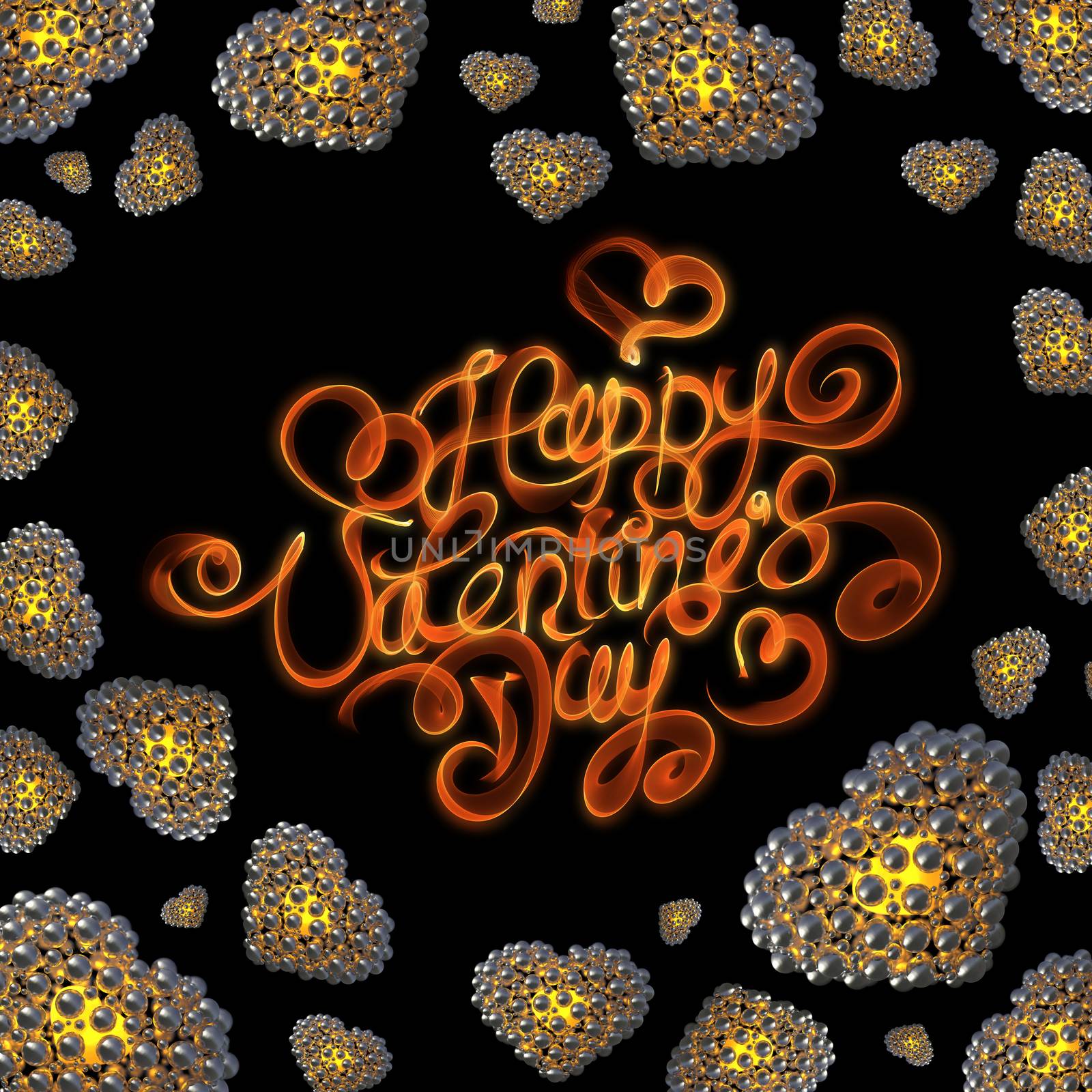 metal Gold hearts made of spheres isolated on black background. Happy valentines day lettering written by fire of smoke. 3d illustration.