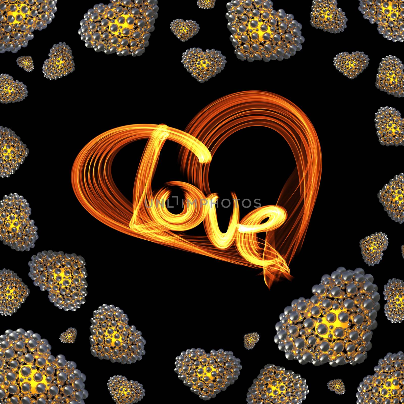 metal Gold hearts made of spheres isolated on black background with Love lettering written by fire or smoke. Happy valentines day 3d illustration by skrotov