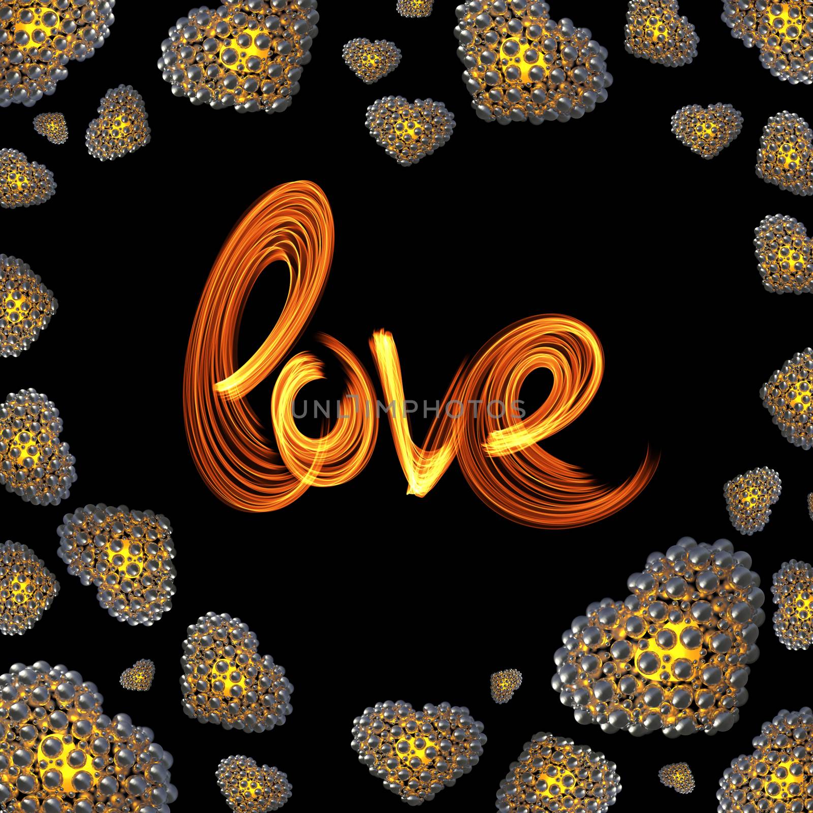 metal Gold hearts made of spheres isolated on black background with Love lettering written by fire or smoke. Happy valentines day 3d illustration.