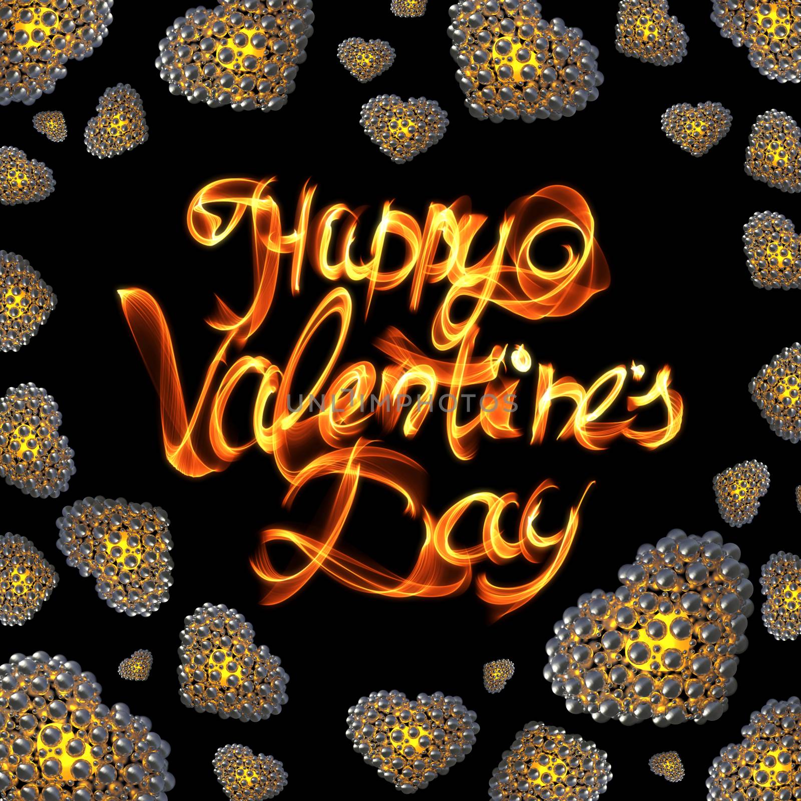 metal Gold hearts made of spheres isolated on black background. Happy valentines day lettering written by fire of smoke. 3d illustration by skrotov