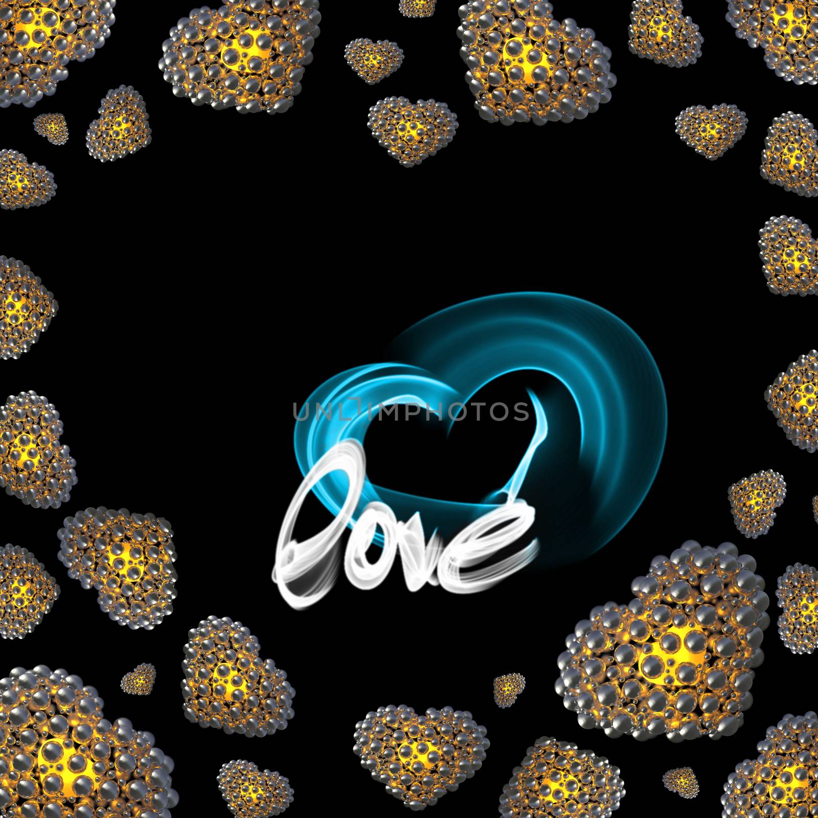 metal Gold hearts made of spheres isolated on black background with Love lettering written by fire or smoke. Happy valentines day 3d illustration by skrotov