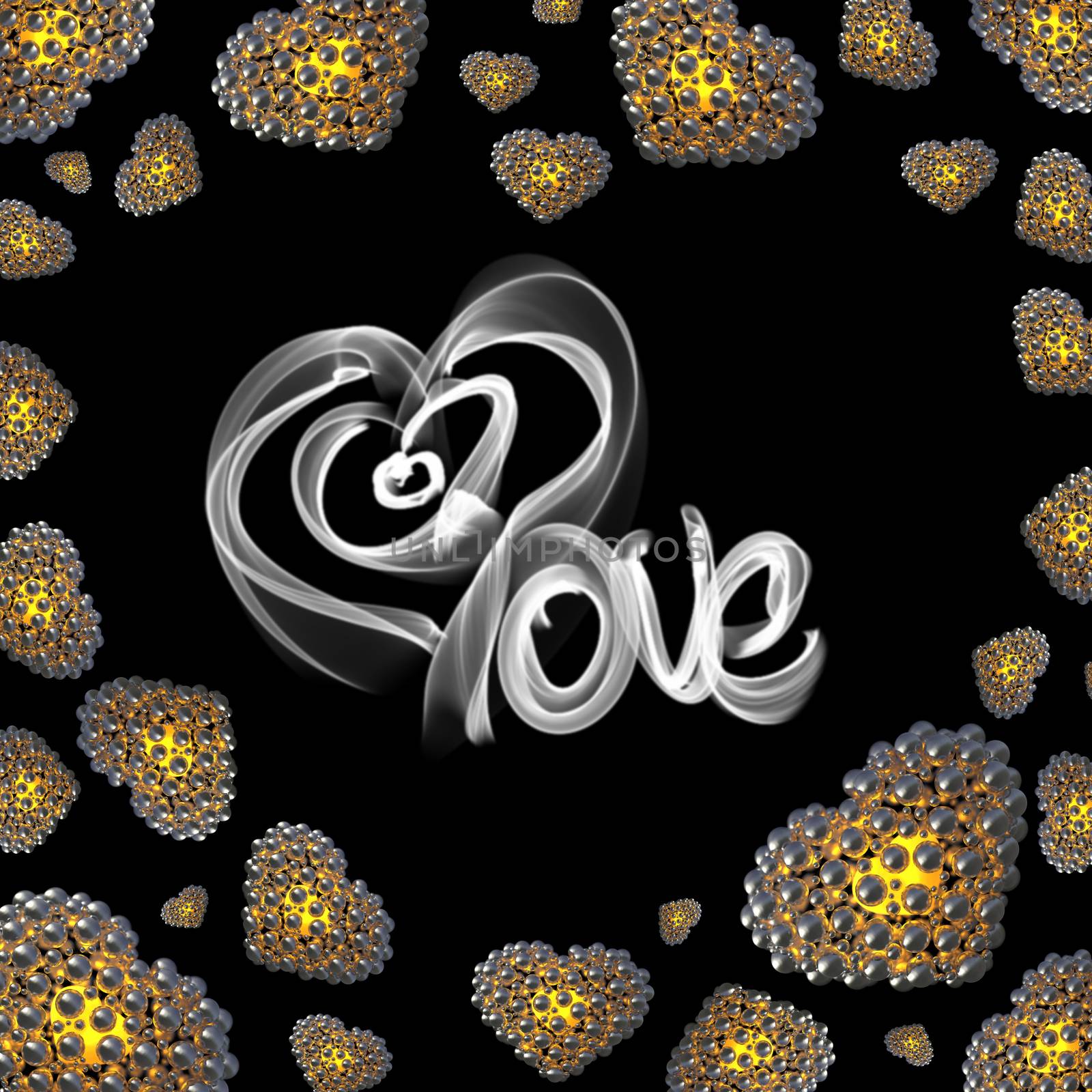 metal Gold hearts made of spheres isolated on black background with Love lettering written by fire or smoke. Happy valentines day 3d illustration.