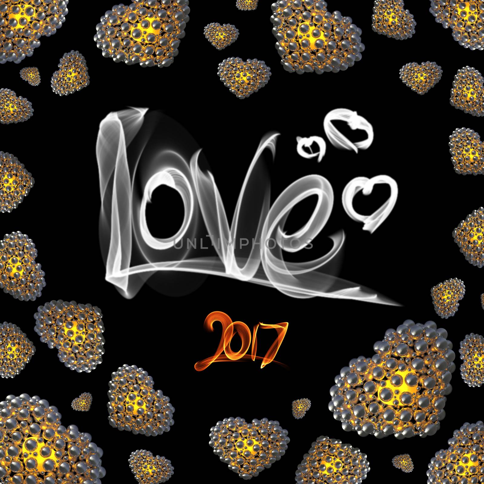 metal Gold hearts made of spheres isolated on black background with Love lettering written by fire or smoke. Happy valentines day 3d illustration.