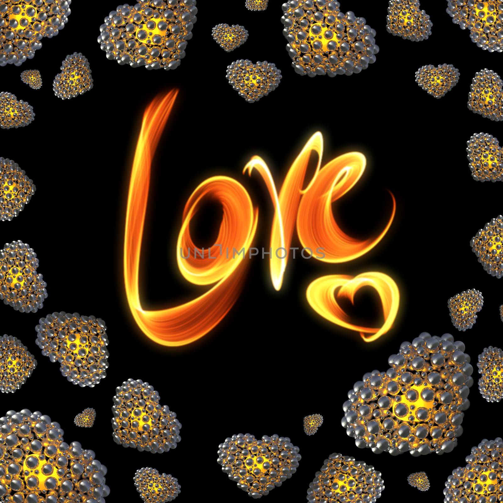 metal Gold hearts made of spheres isolated on black background with Love lettering written by fire or smoke. Happy valentines day 3d illustration by skrotov