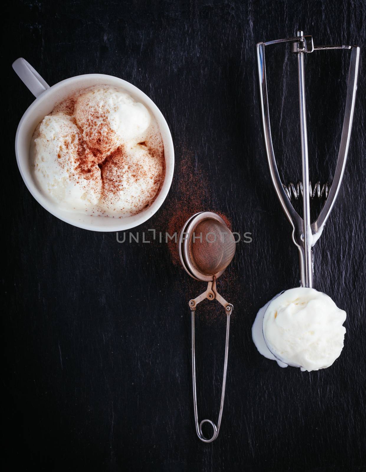 Vanilla ice cream and  scoop on a stone plate