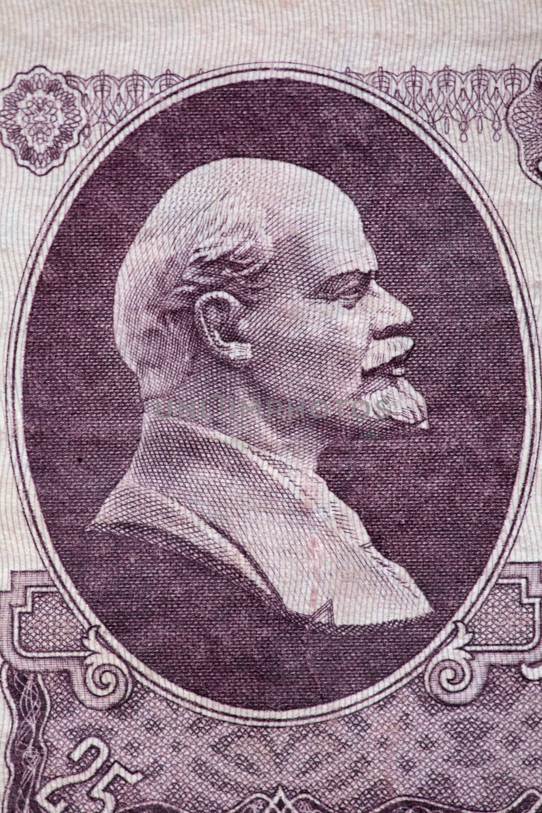 Vladimir Lenin profile portrait on the Soviet banknotes macro shot