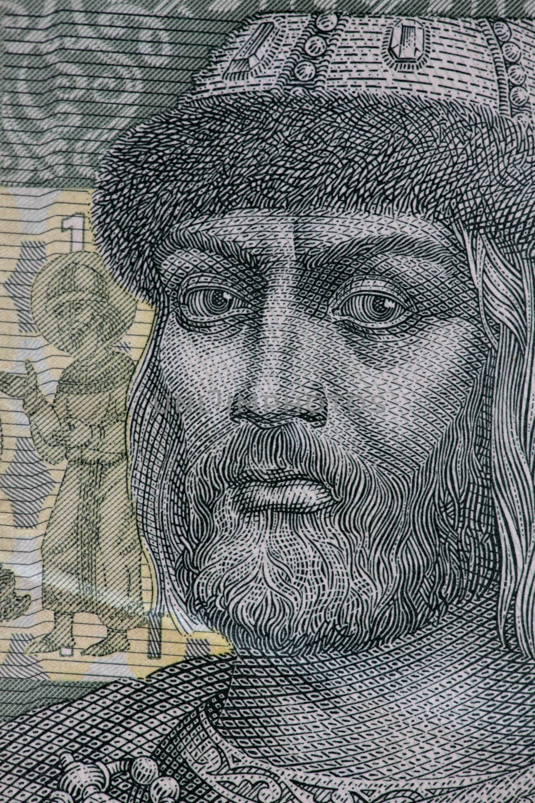 Prince Vladimir portrait on Ukrainian banknotes macro shot
