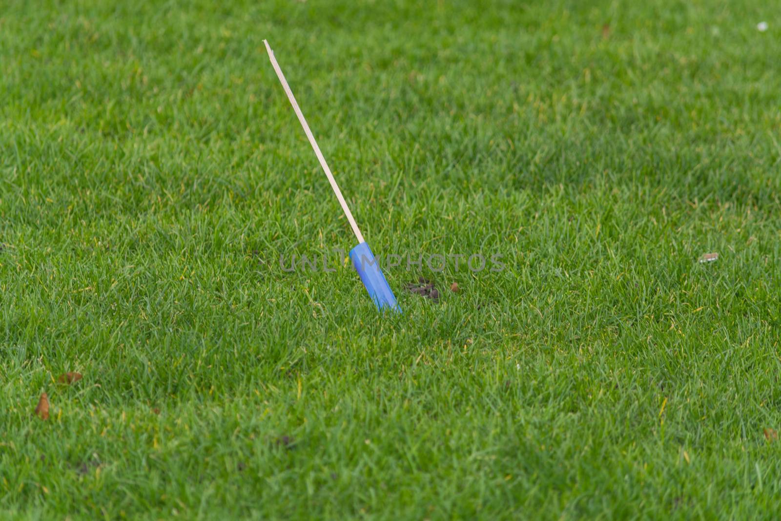 Old shot New Year's Eve rocket is stuck in the grass.