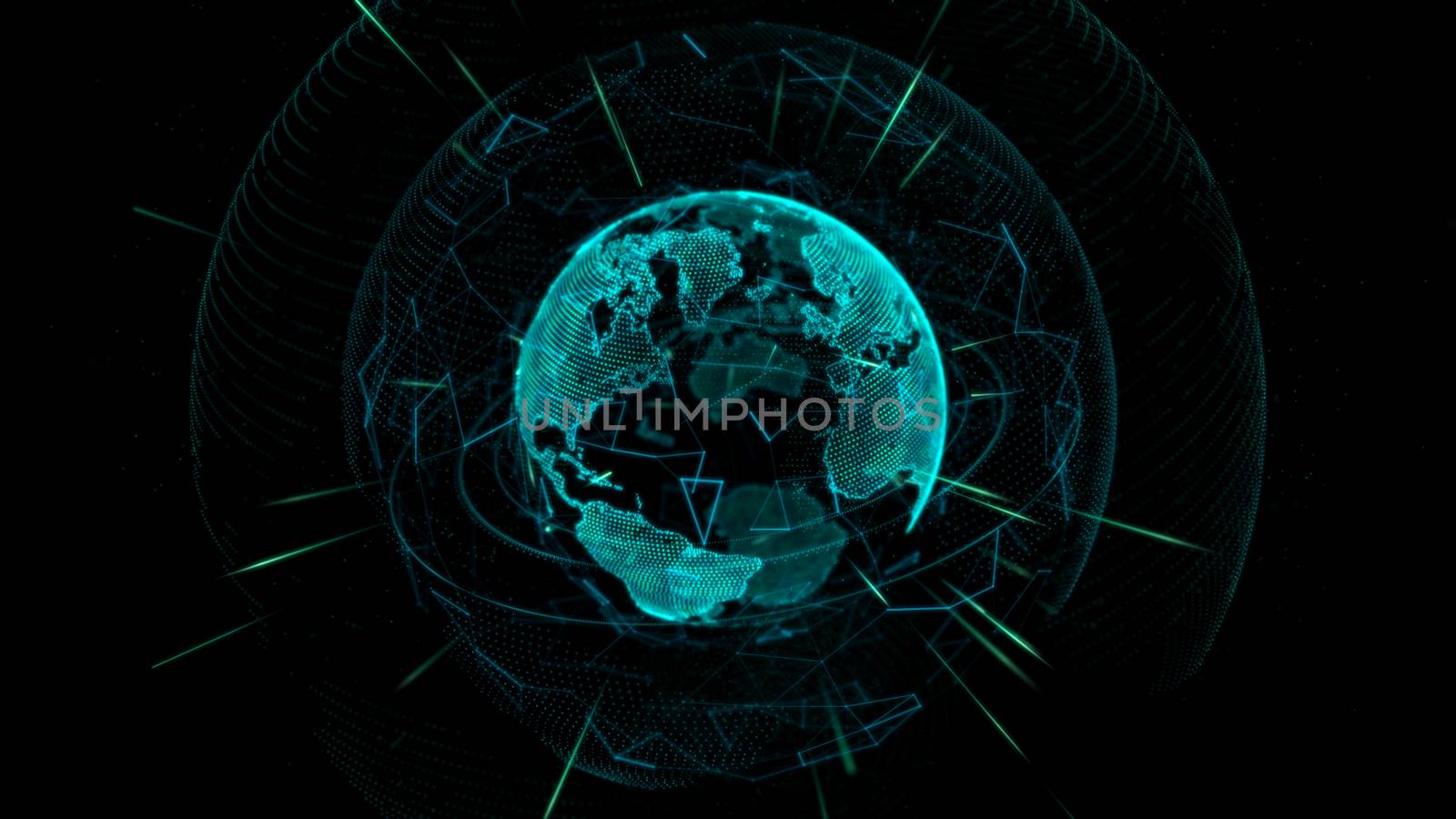 Glowing Earth globe depicted by thin lines and dots on a dark background. 3d rendering.