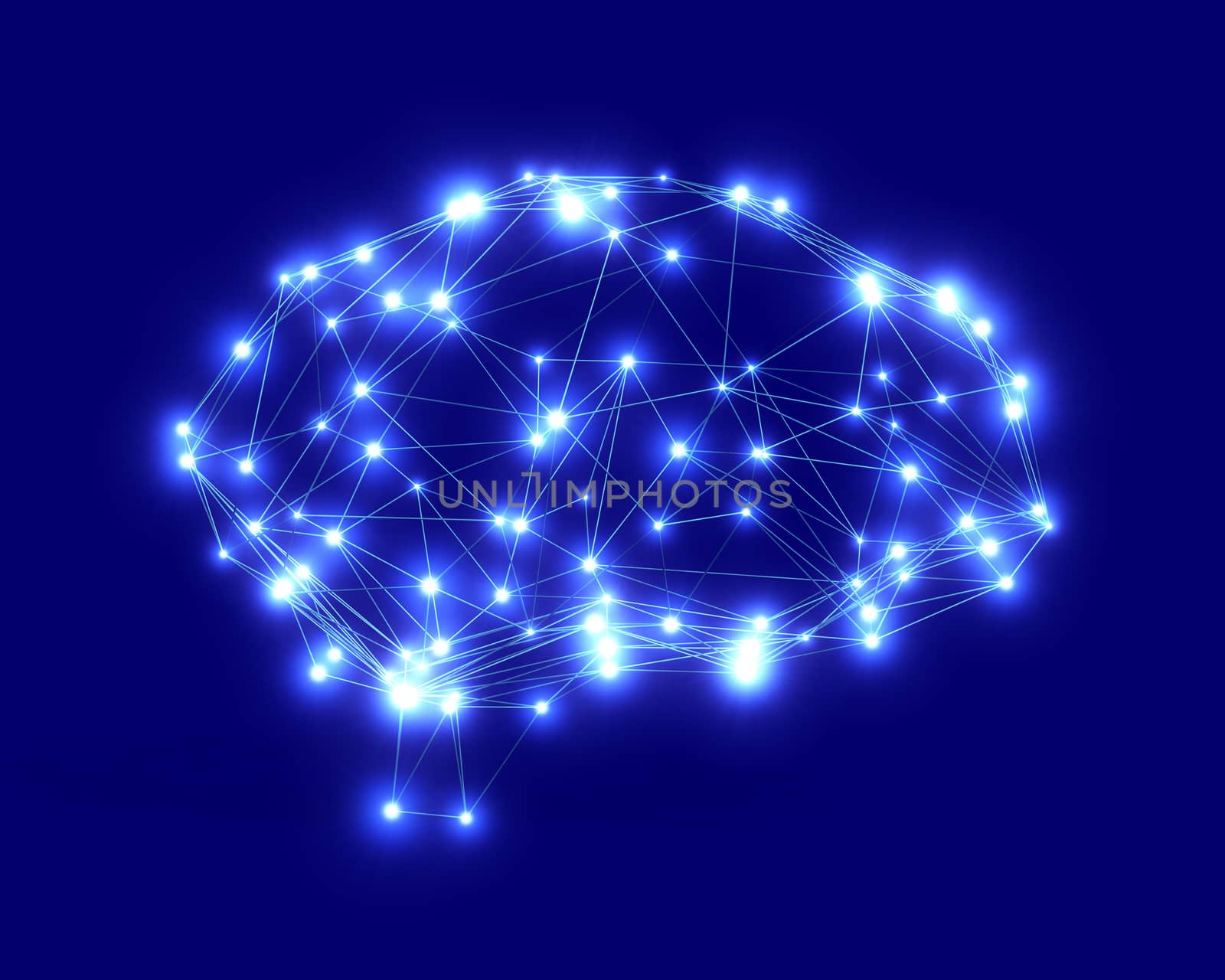 Polygonal brain shape of an artificial intelligence with lines and glowing dots and shadow over the dark blue background. 3D rendering.