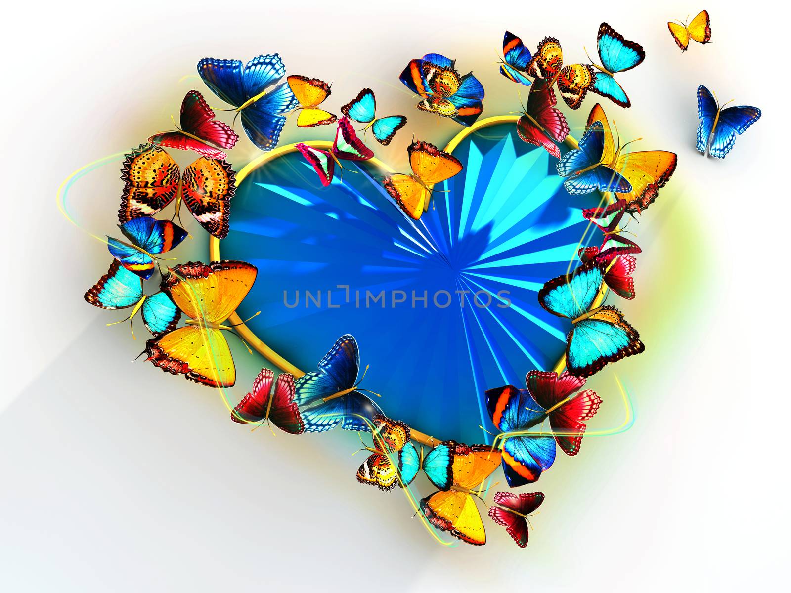 Multicolored butterflies flit around the heart as a precious blue stone. For Valentines Day.