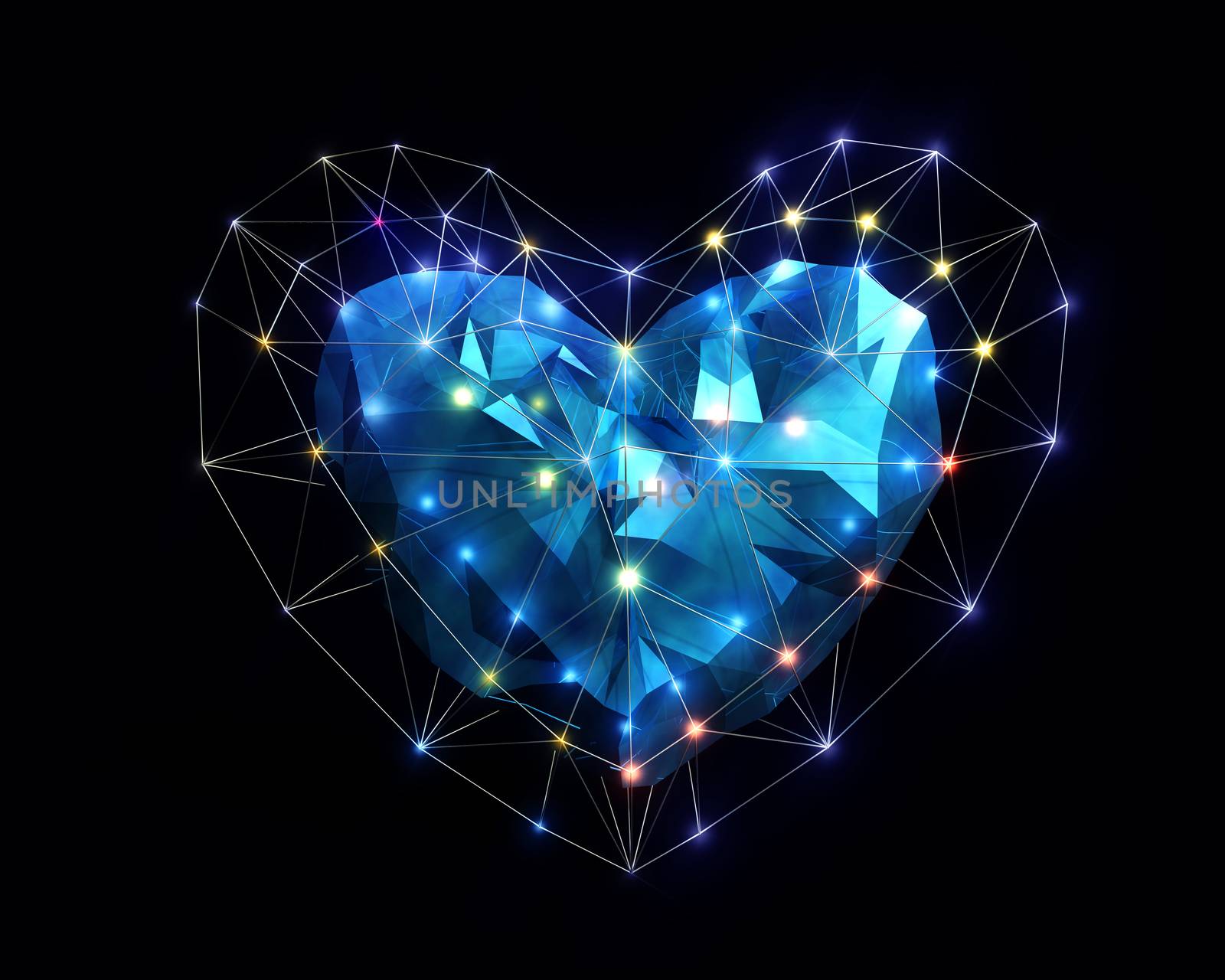Abstract Heart in low poly style with colored light on the dark blue background for Happy Valentine's Day celebration. 3D rendering.