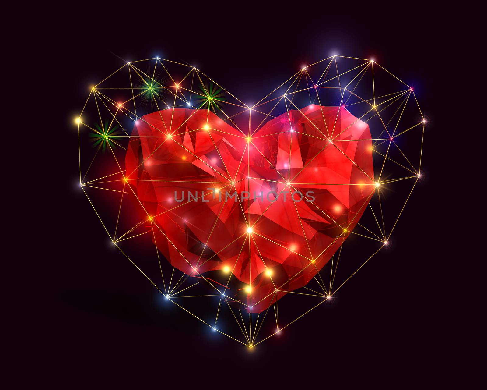 Abstract Heart in low poly style with colored light on the dark blue background for Happy Valentine's Day celebration. 3D rendering.