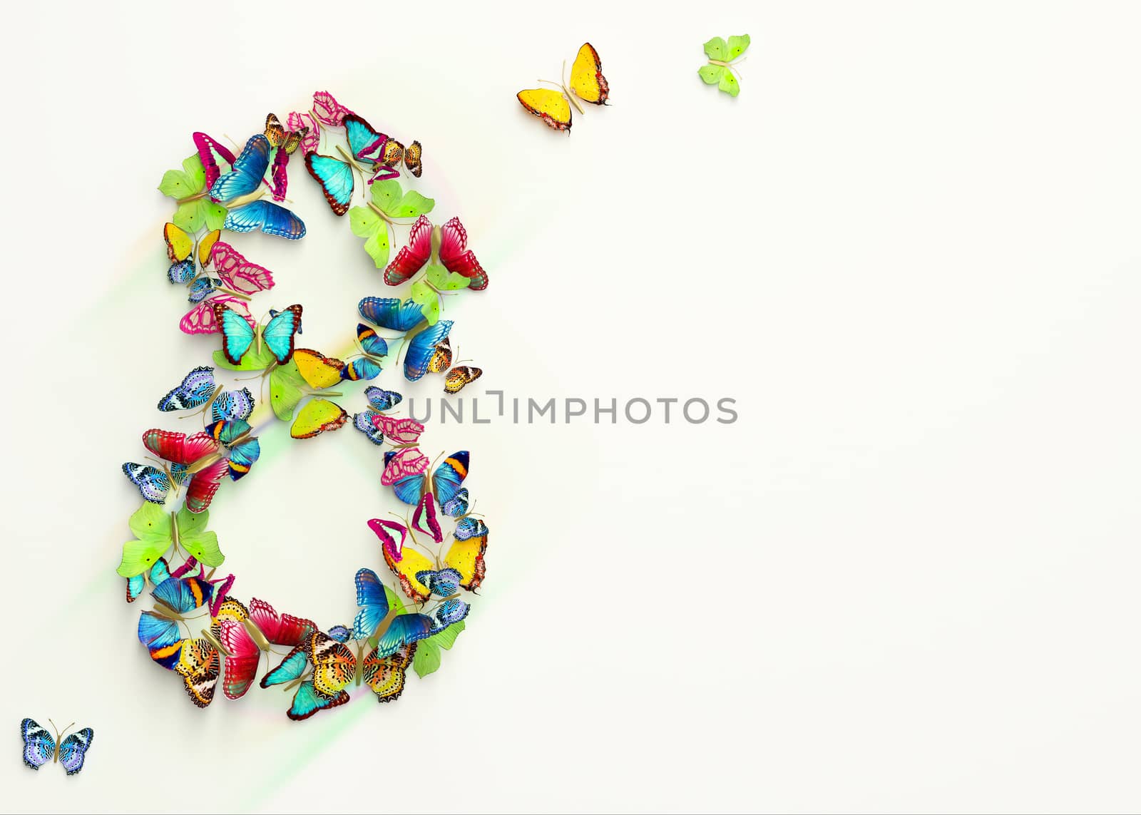 Womens day design, greeting card with March 8 and butterflies