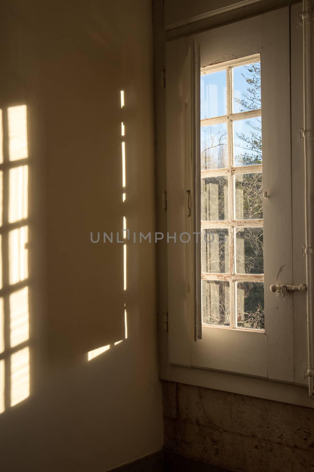 one of the old windows made of wood and paitend in white in Mafra monastery facing the royal gardens