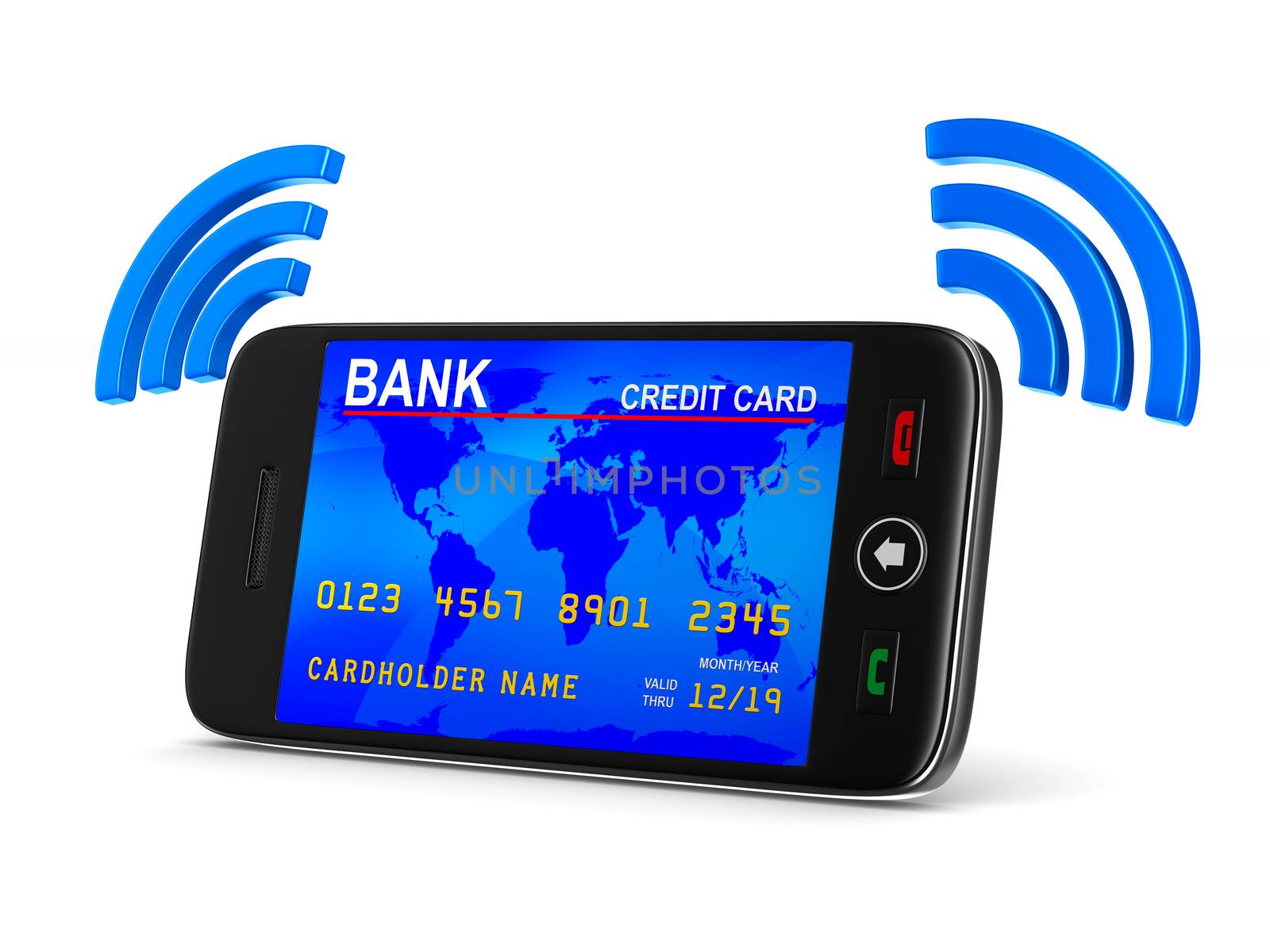 phone and credit card on white background. Isolated 3D image