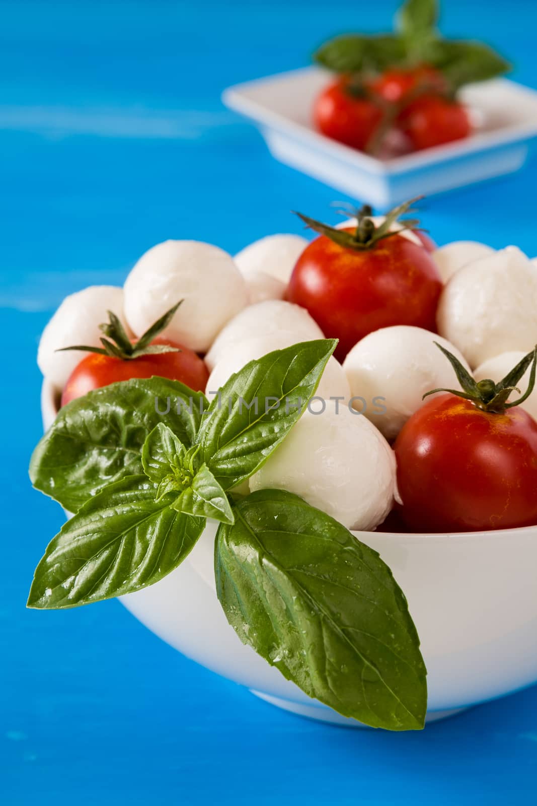 Closeup of fresh mozzarella, cherry tomatoes and basil in a bowl over a blue wooden background