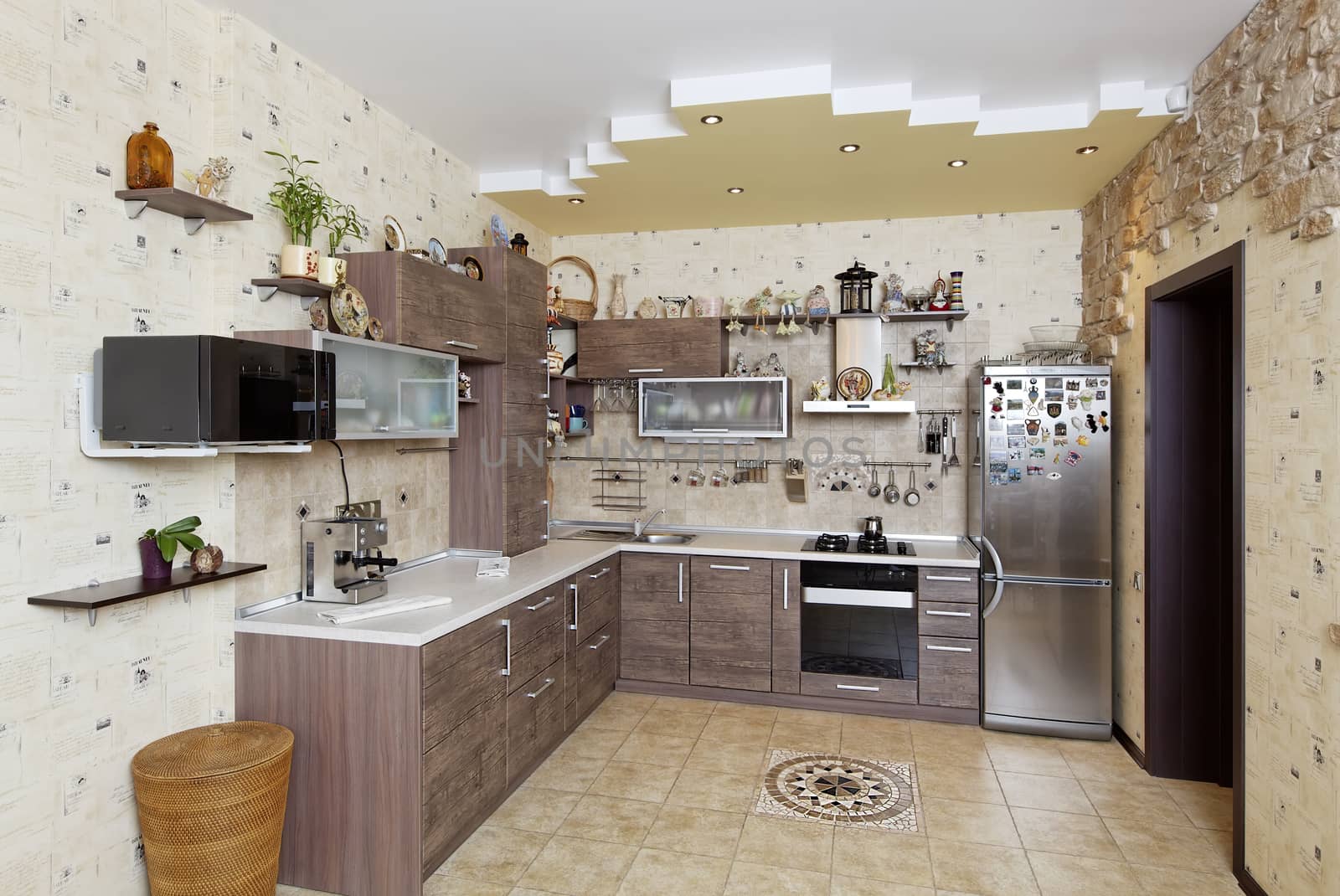 Beautiful wooden country style kitchen with stone decor in yellow 