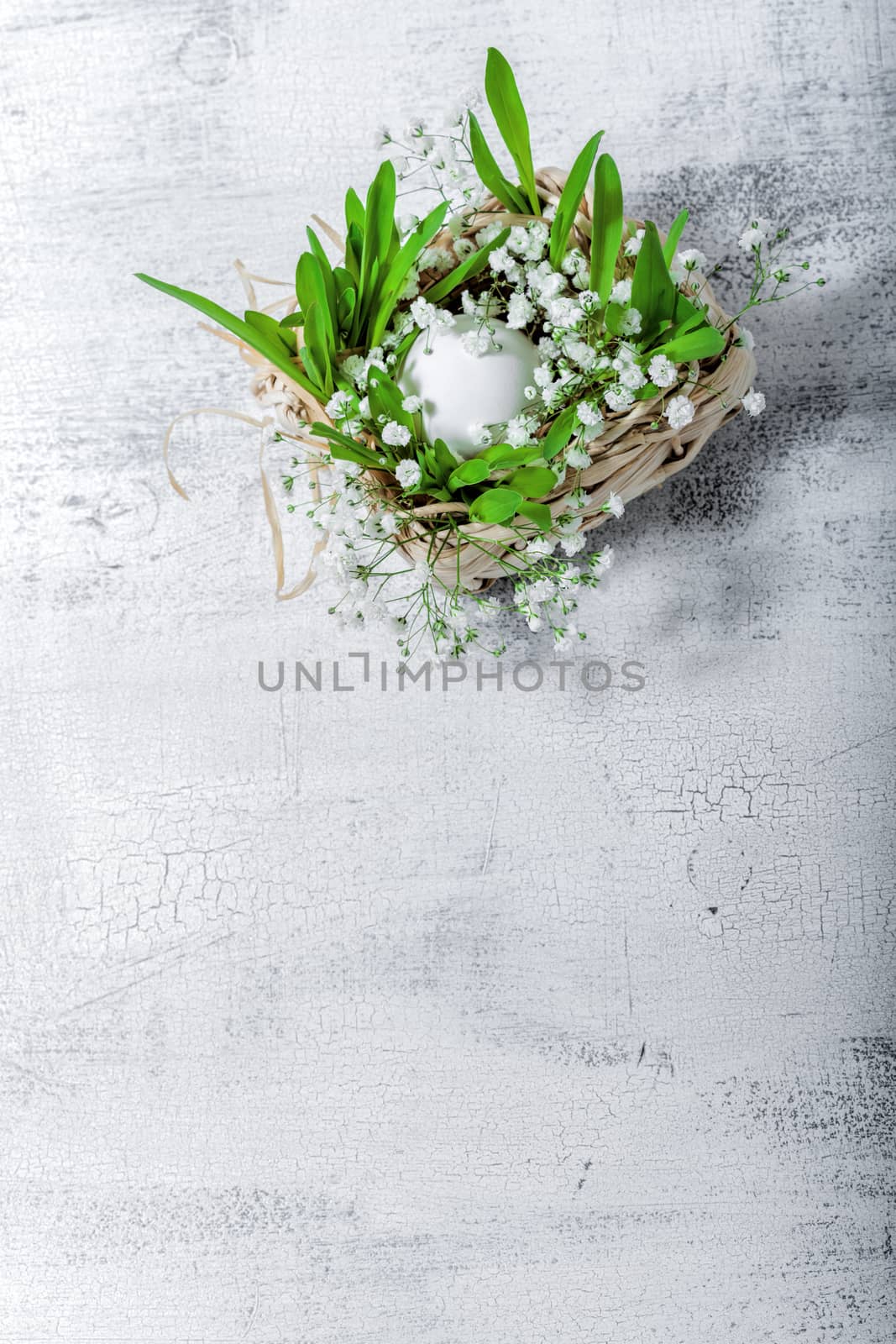 Egg with Gypsophila on a white background. Easter Symbols.