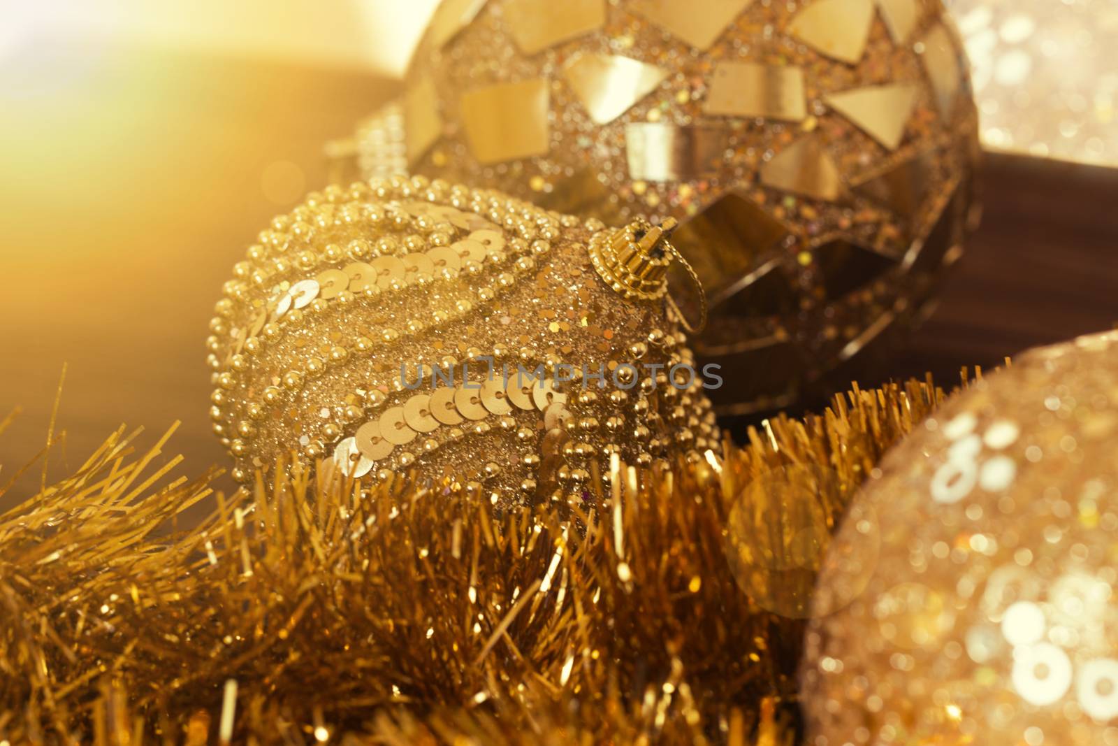 Gold Christmas balls.new Year decoration. Christmas ornaments