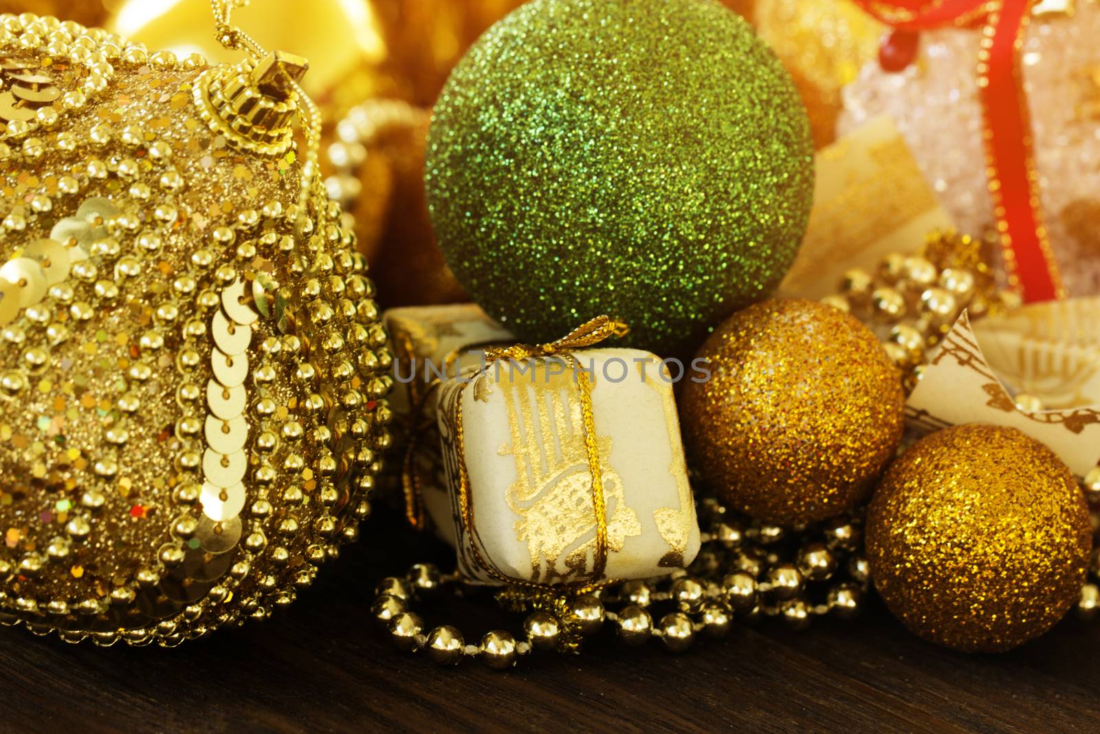 new Year decoration. Christmas ornaments, christmas decoration. Christmas gold and green balls