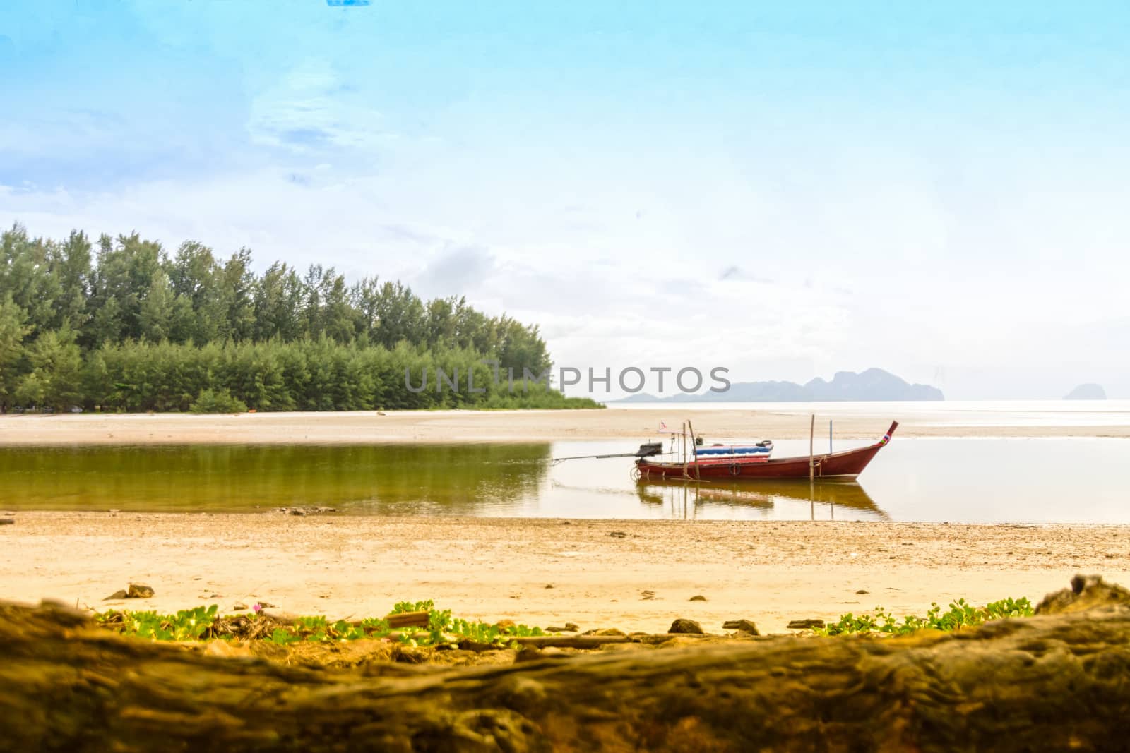 Fishing boat thailand and island background.