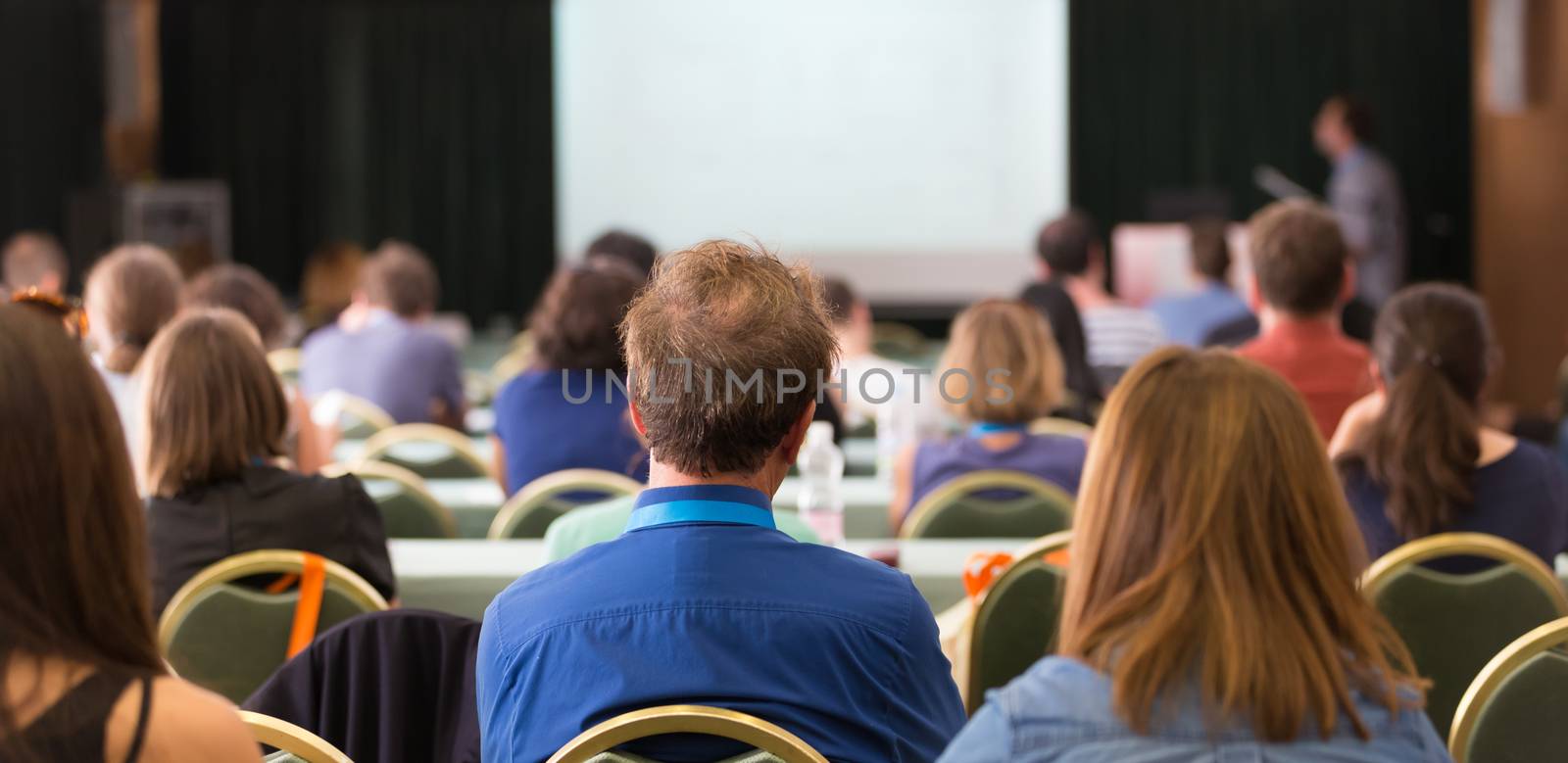 Business and entrepreneurship symposium. Speaker giving a talk at business meeting. Audience in the conference hall. Rear view of unrecognized participant in audience.