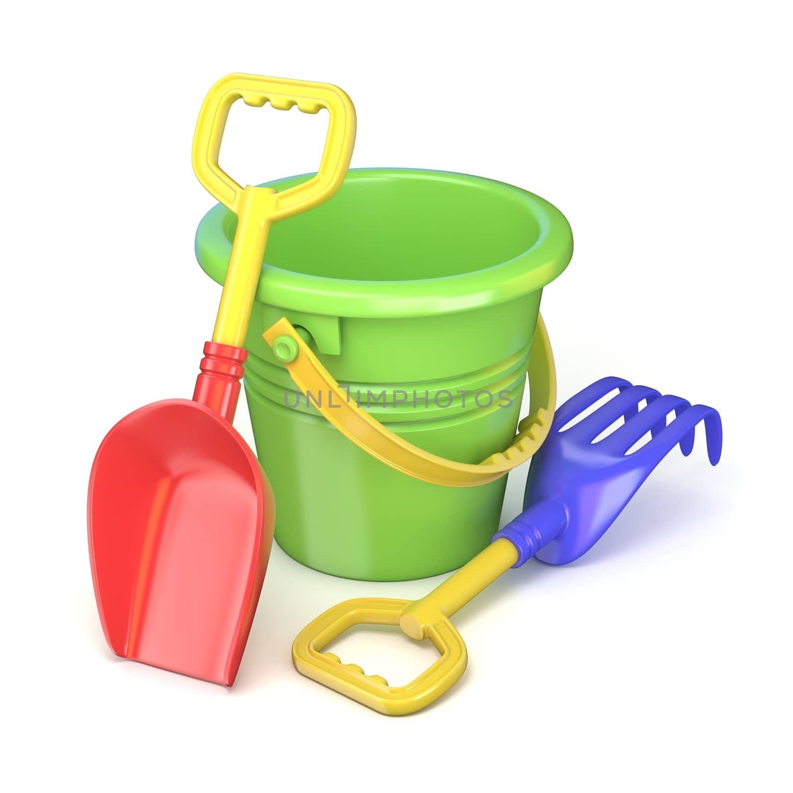 Toy bucket, rake and spade. 3D render illustration isolated on white background