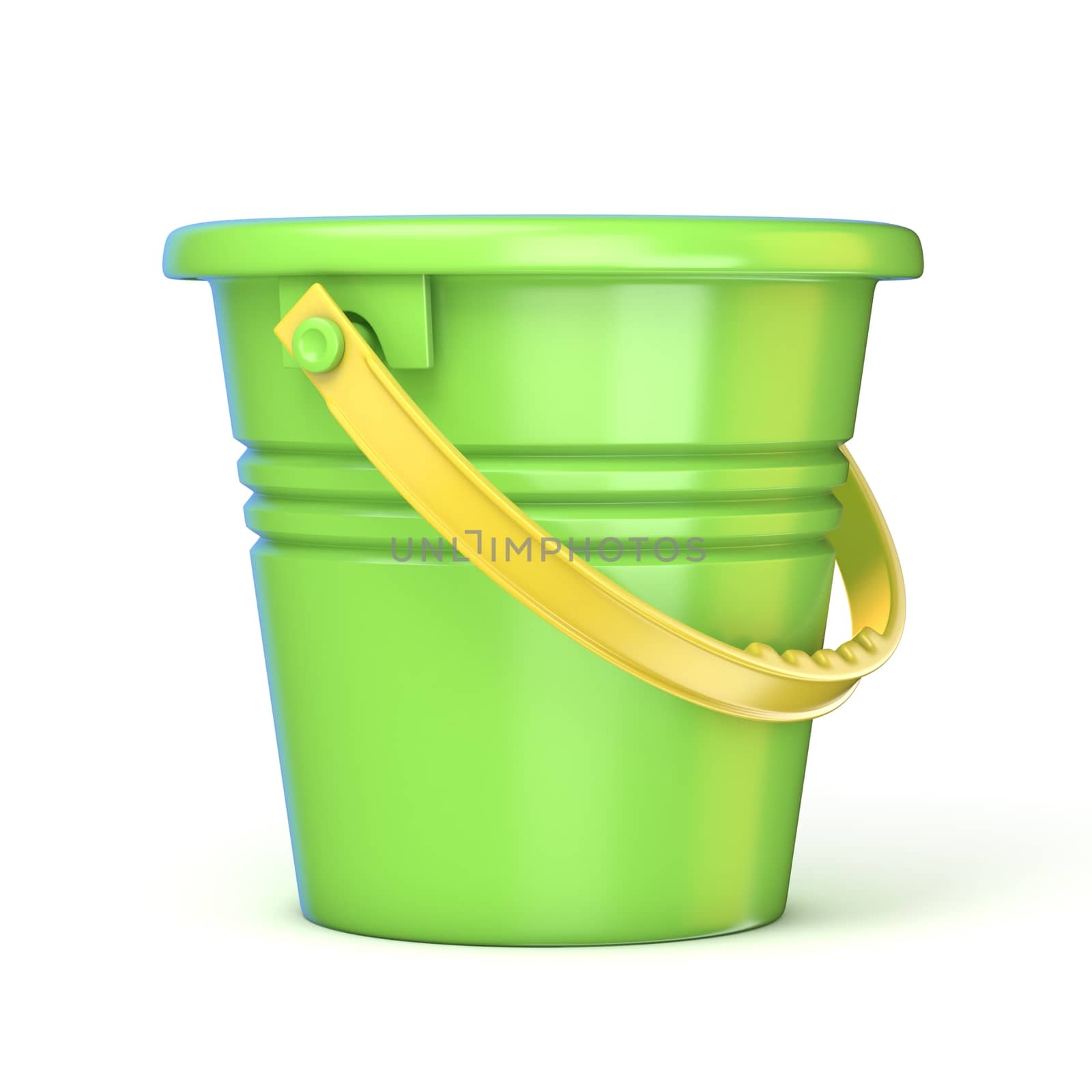 Green yellow sand toy bucket. 3D render illustration isolated on white background