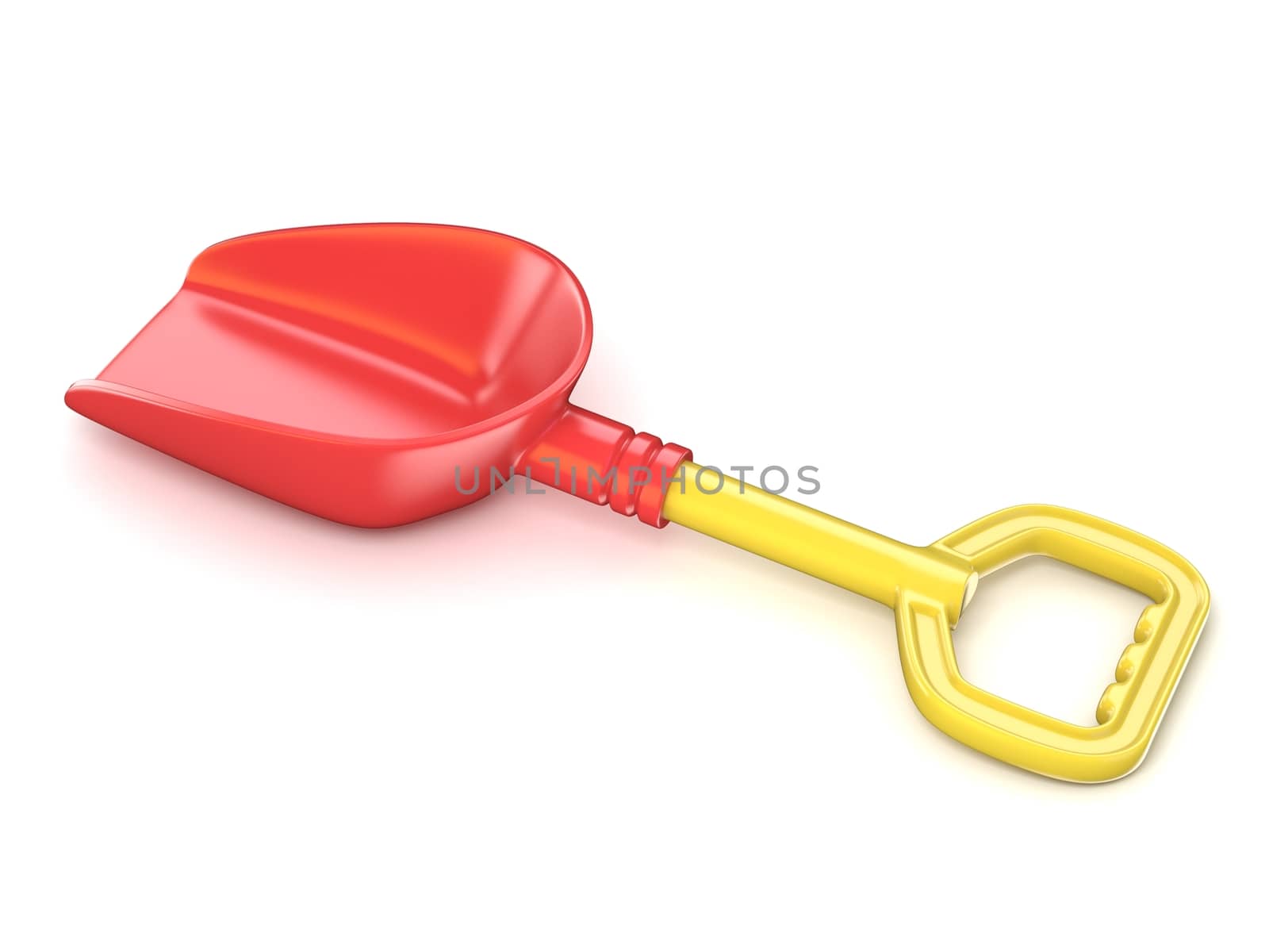 Red and yellow plastic toy shovel. 3D render illustration isolated on white background