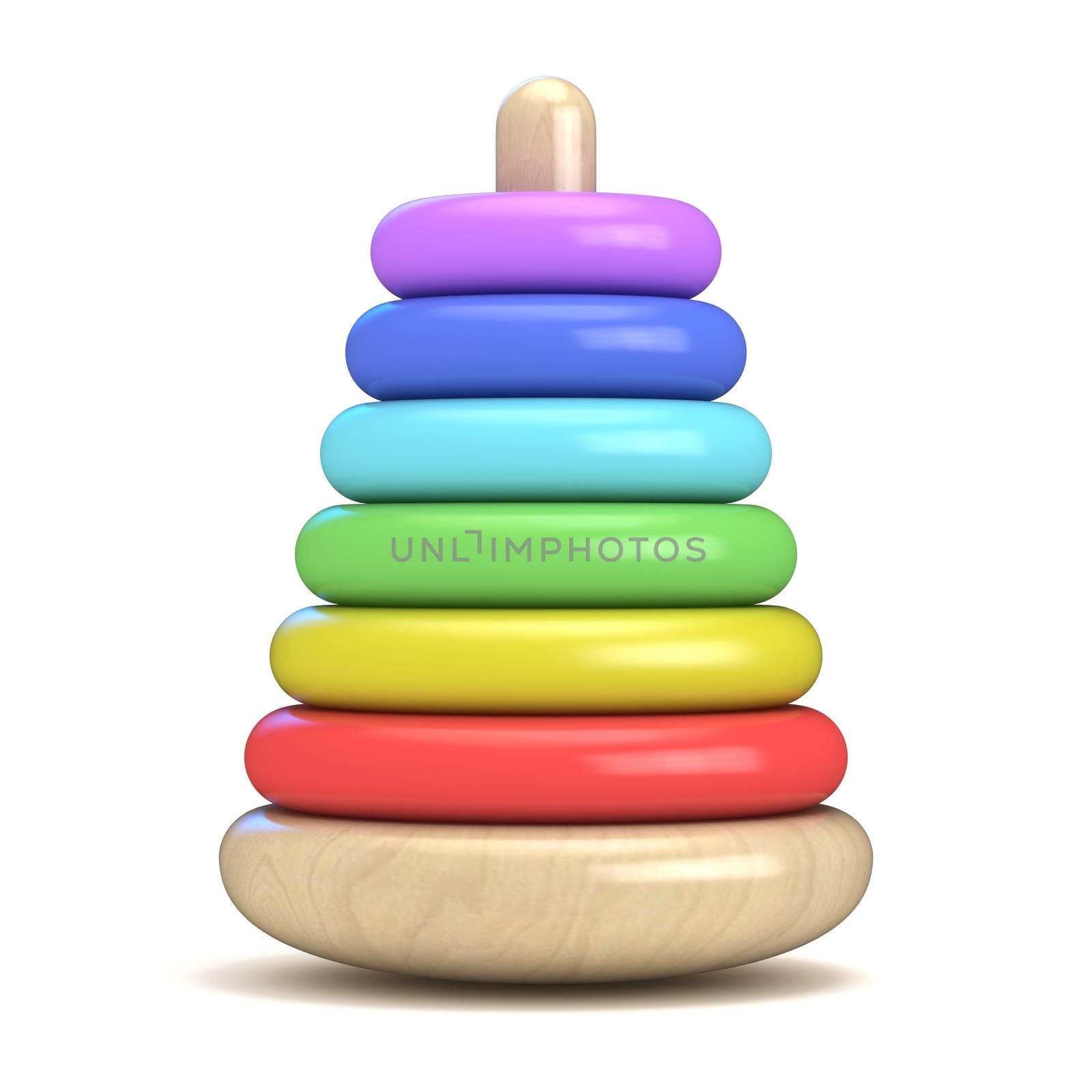Pyramid build from colored wooden rings. Colorful wooden toy. 3D render illustration isolated on white background