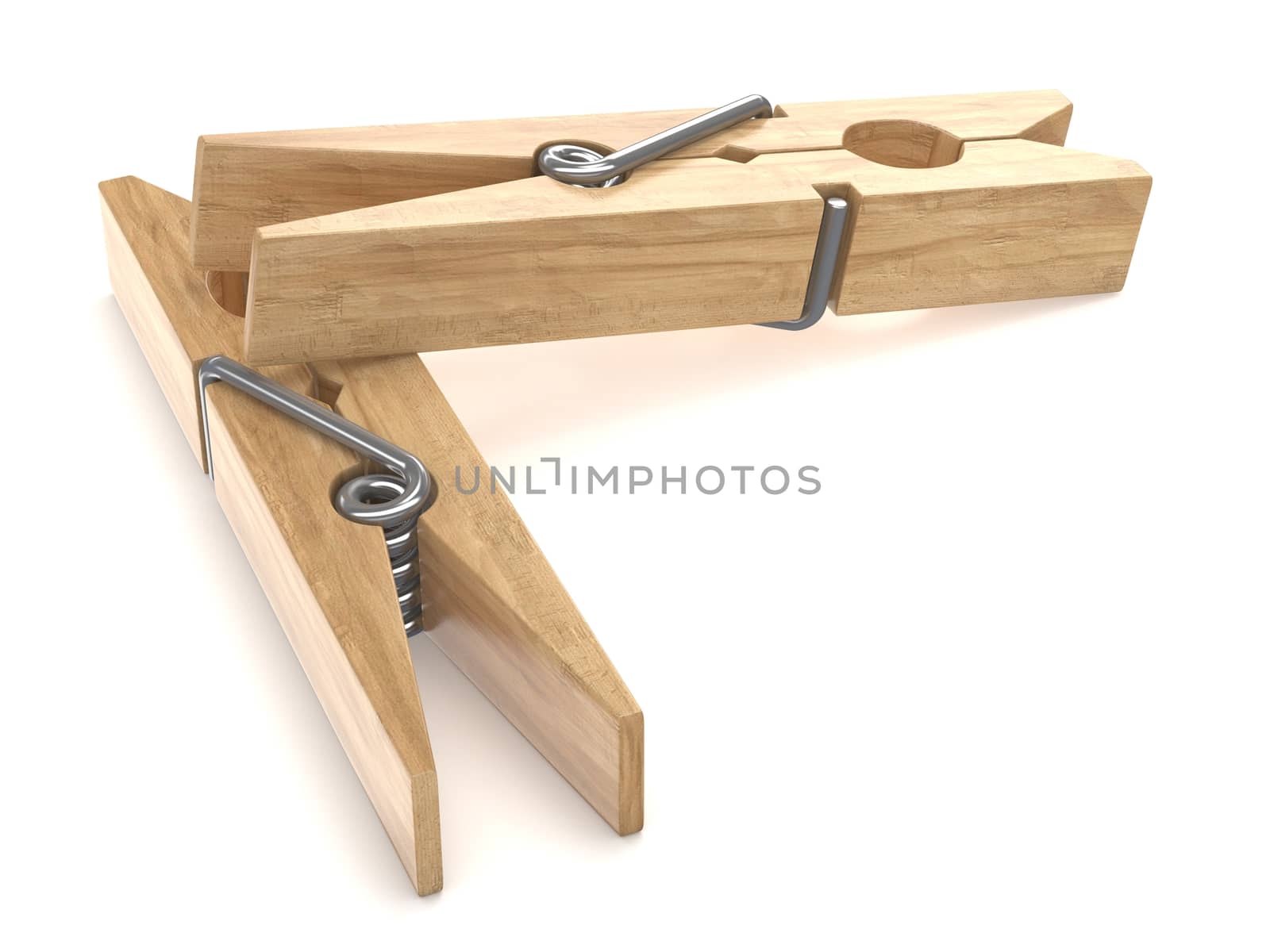 Two wooden clothespins. 3D render illustration isolated on white background