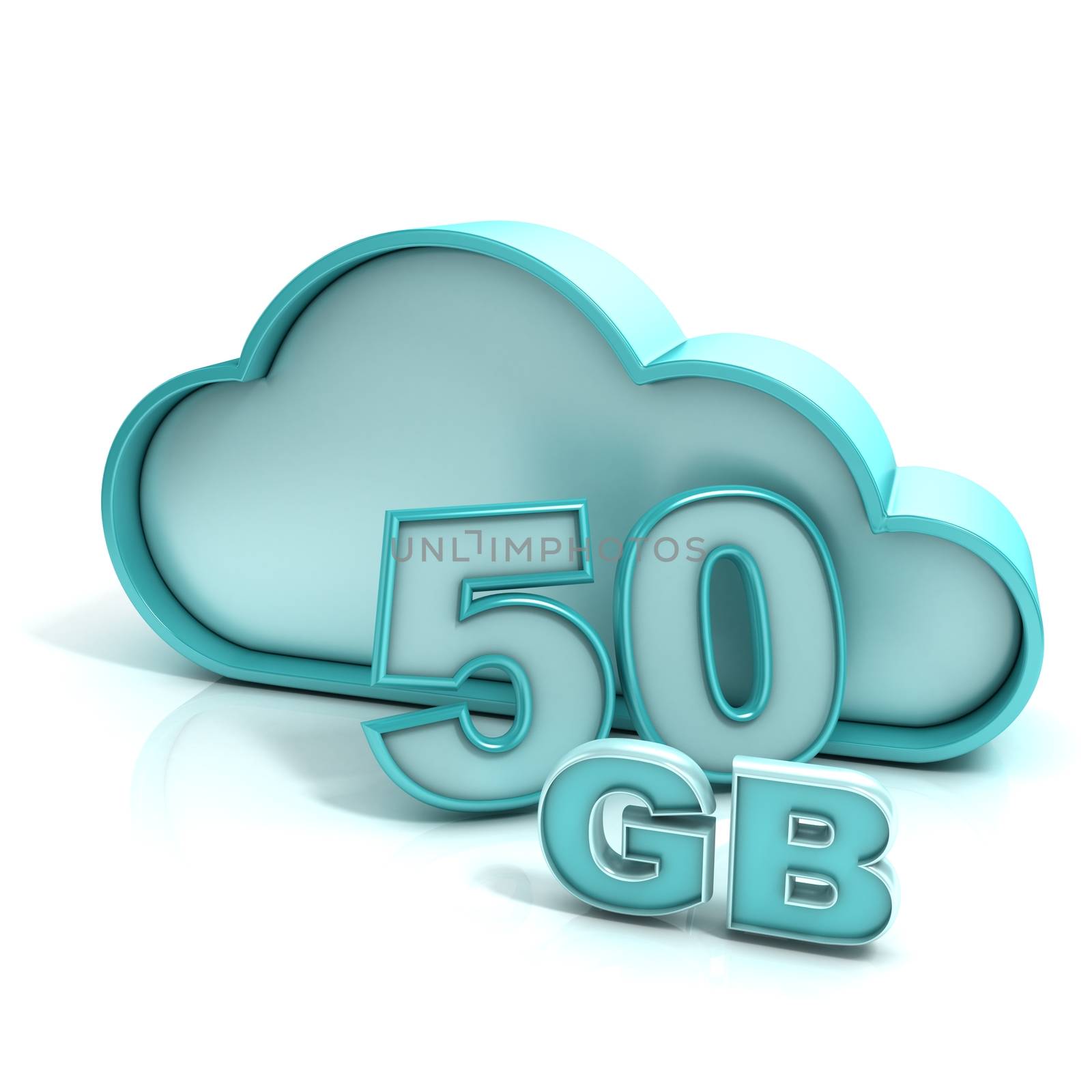 Cloud computing and database. 50 GB capacity. Concept of online storage. 3D render illustration isolated on white background