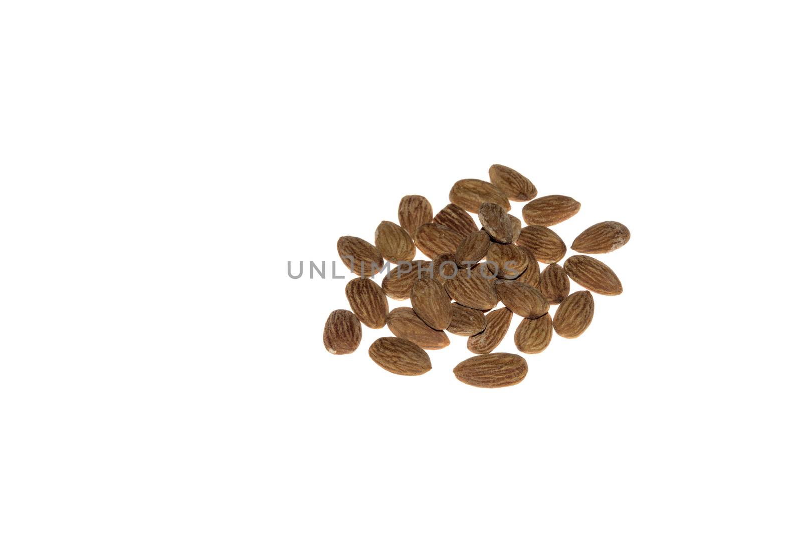 group of roasted almonds with salt , isolated on white background