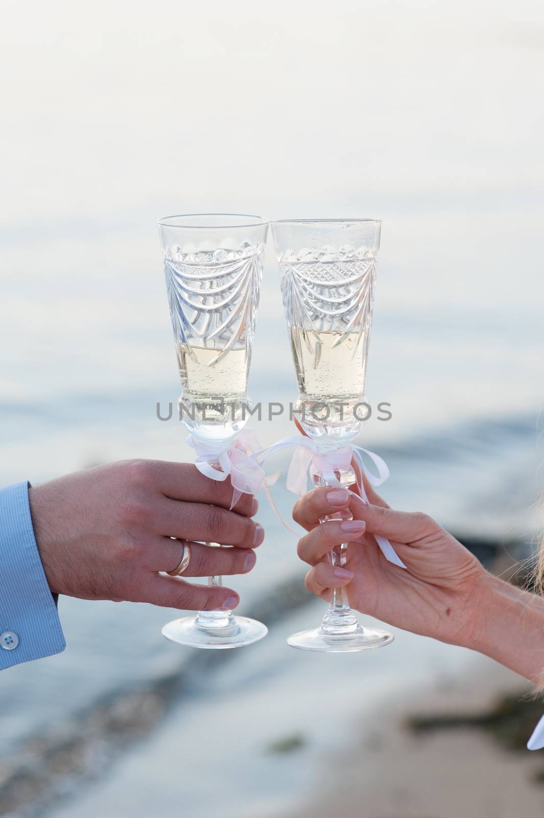 bride and groom with glasses of champagne in hands by timonko