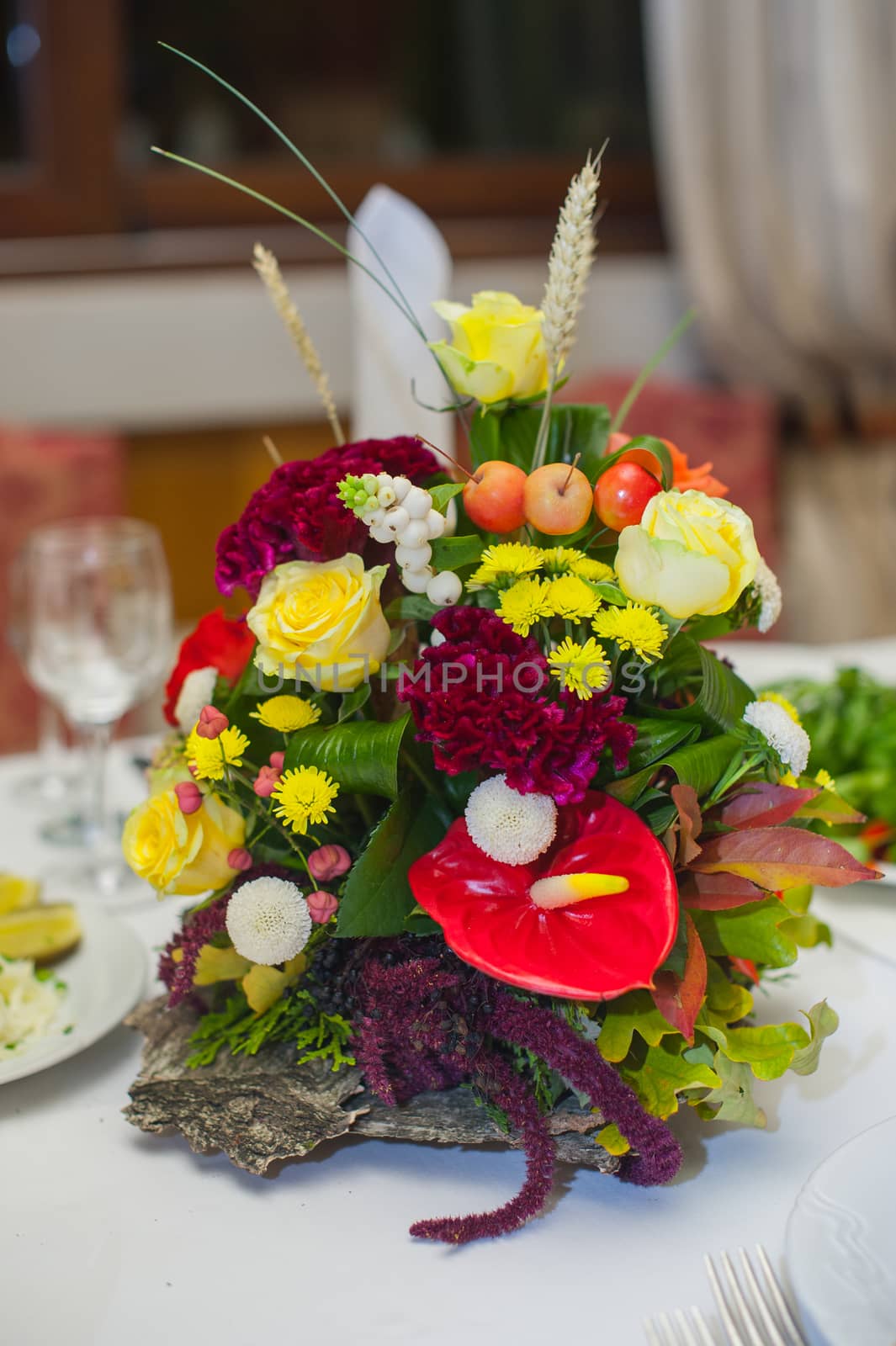 beautiful wedding bouquet on a table in restaurant.
