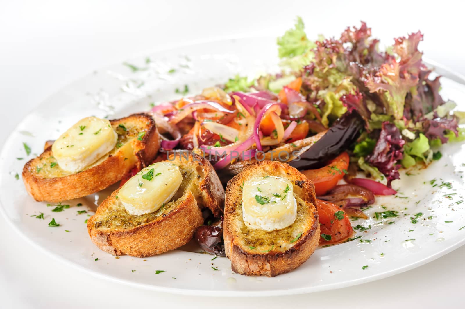 Grilled cheese on bread with salad of tomato, eggplants, red onion and lettuce