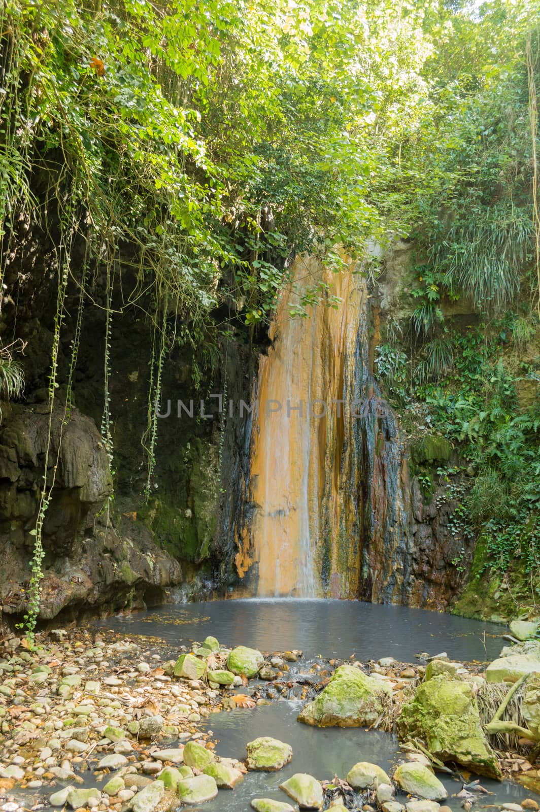 Saint Lucia volcanic waterfall at Diamond Botanical gardens