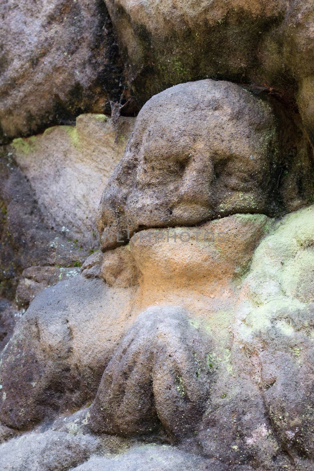 Rock relief - detail of the praying angel.
Stone altar carved in sandstone cliff in the forest near the village Marenicky, Lusatian Mountains, Czech Republic.
Stone altar carved into the sandstone - detail of the head of a praying angel