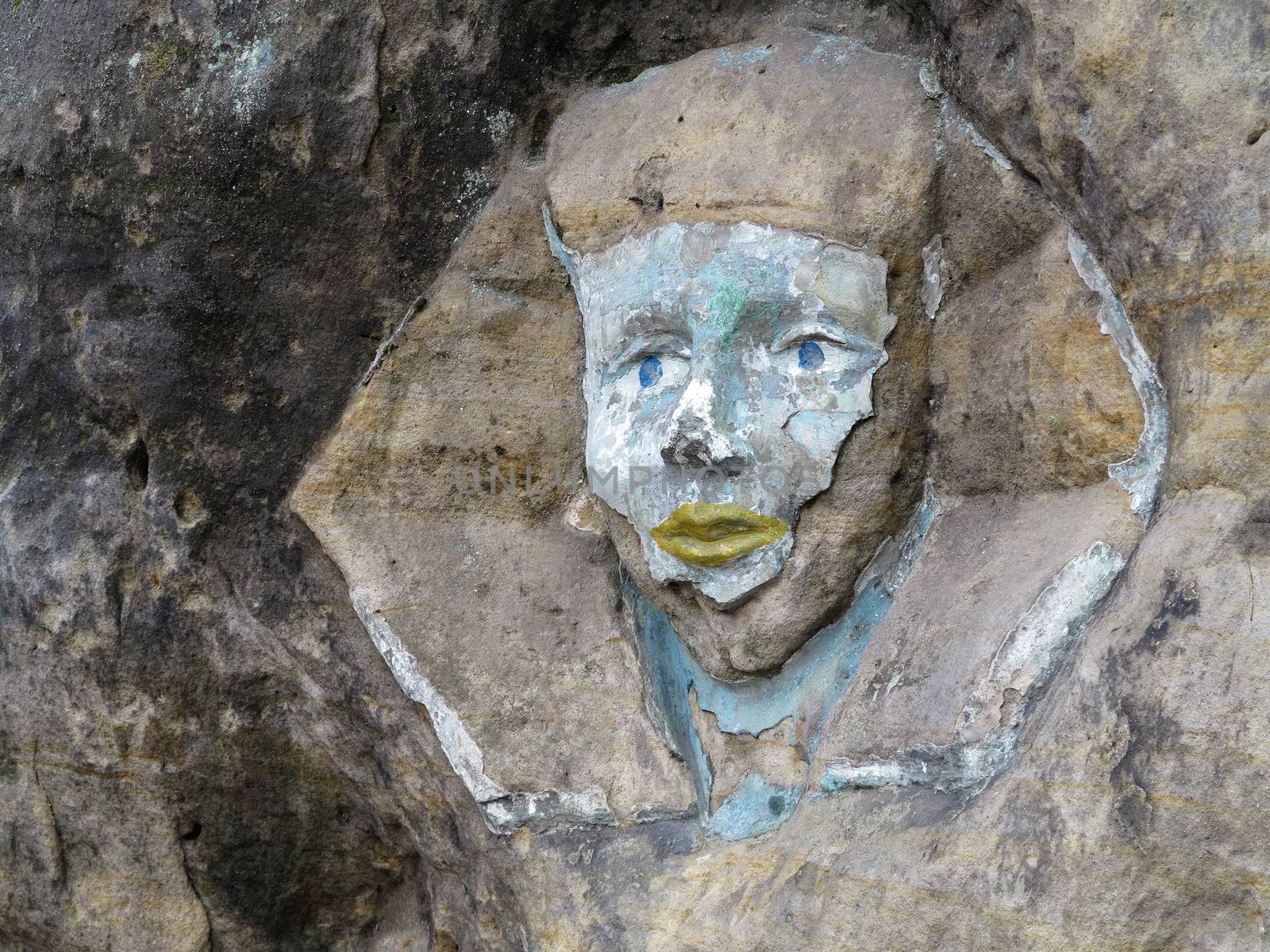 Rock relief - the face of the Sphinx - carved into the sandstone cliffs in the pine forest above the village Zelizy in the district Melnik, Czech republic. It is the works of sculptor Vaclav Levy, who created in the period 1841-1846.