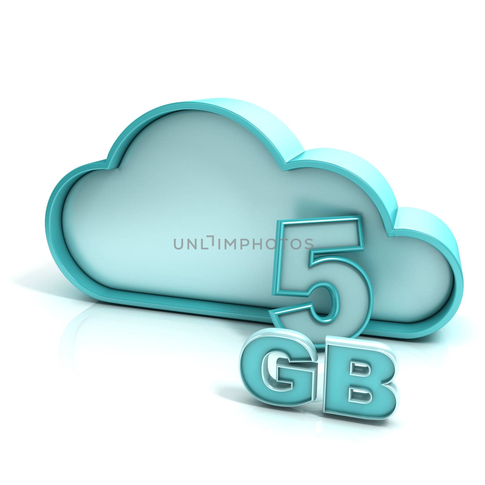 Cloud computing and database. 5 GB capacity. Concept of online storage. 3D render illustration isolated on white background